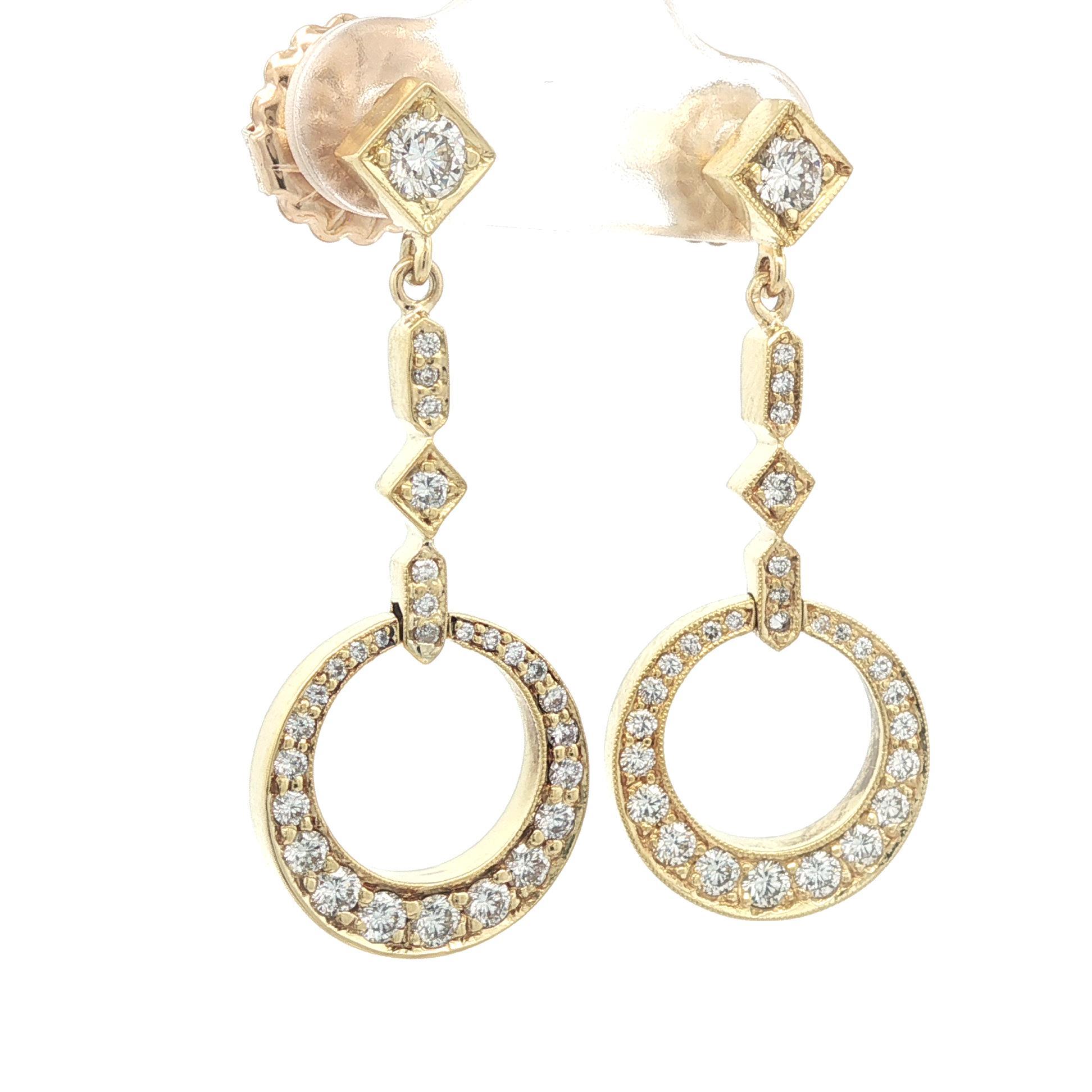 Elegant 18k Yellow Gold High Quality 1ct Round Diamond Dangle Drop Earrings in vendita 2