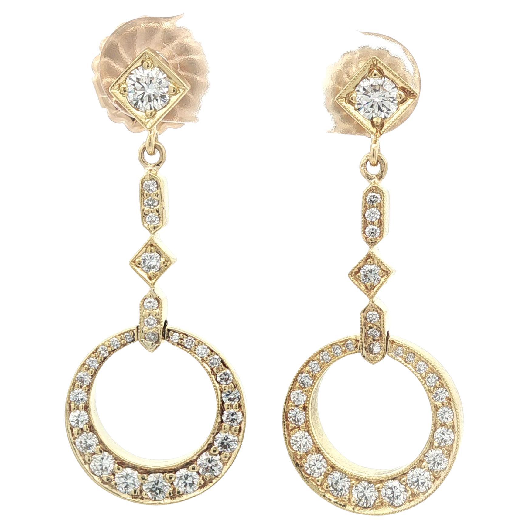 Elegant 18k Yellow Gold High Quality 1ct Round Diamond Dangle Drop Earrings