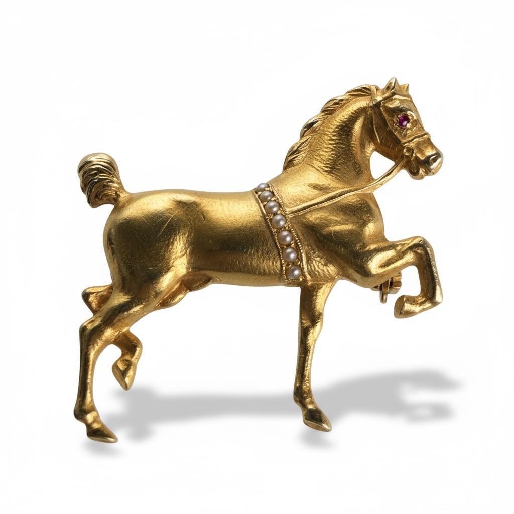 Elegante 18K Gelbgold Pferdebrosche mit Saatperlen und Rubin Akzent Mid Century (Retro) im Angebot