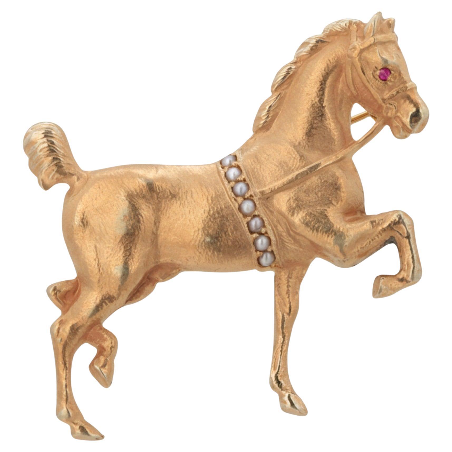 Elegant 18K Yellow Gold Horse Brooch with Seed Pearls 
Ruby Accent Mid Century