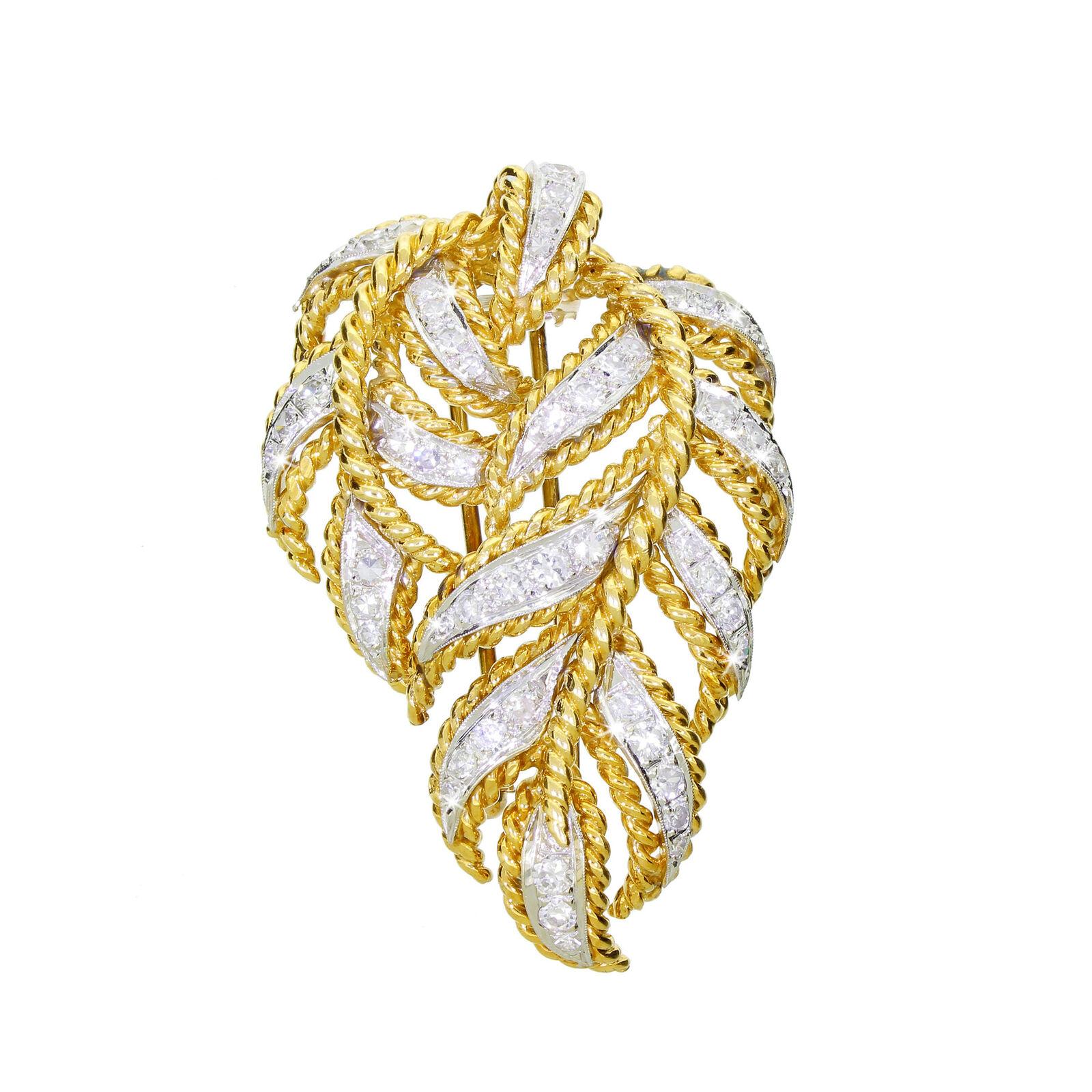 Women's Elegant 18k Yellow Gold Large 2.50 Carat Pave Diamond Leaf Design Clip Brooch