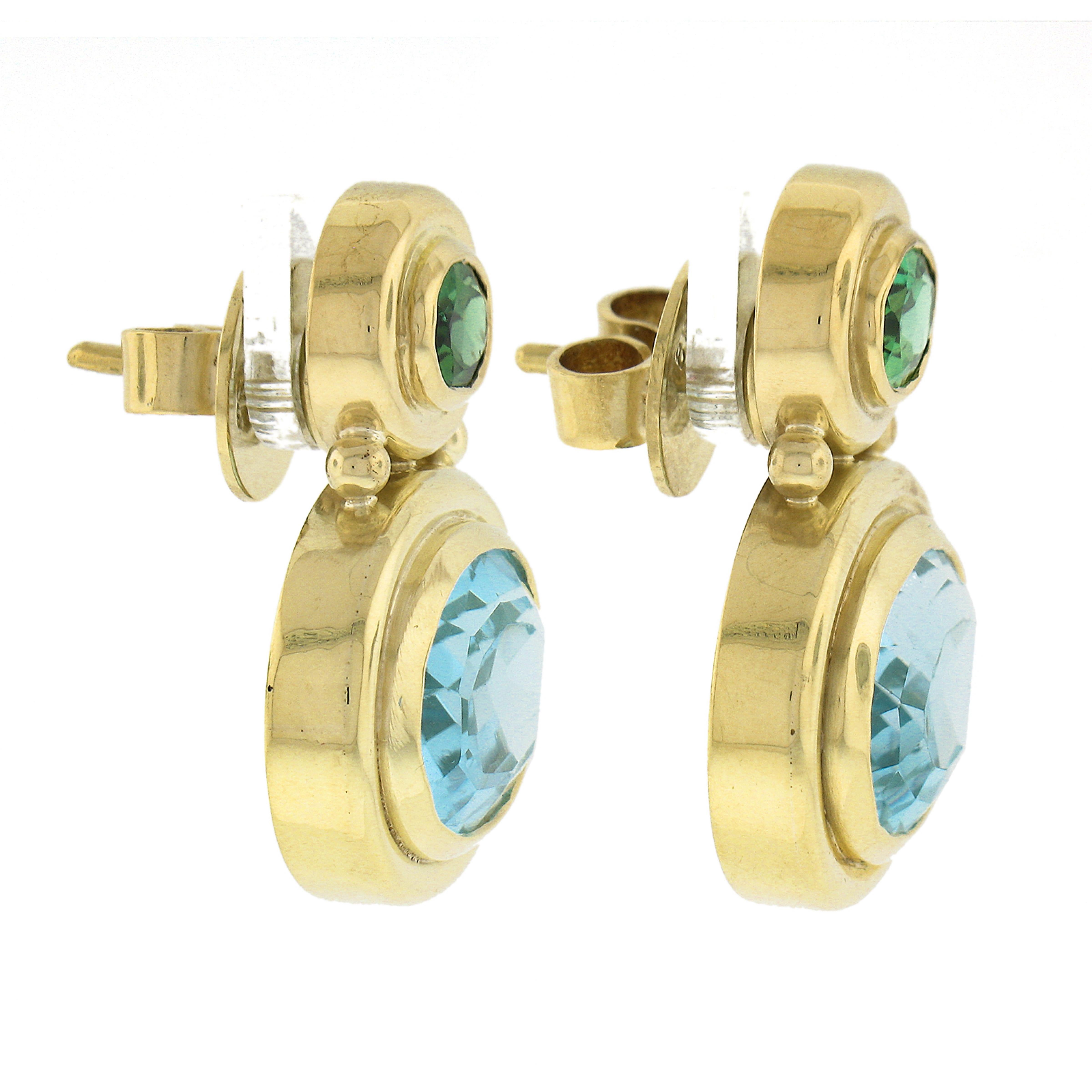 Oval Cut Elegant 18k Yellow Gold Oval Bezel Blue Topaz & Green Tourmaline Drop Earrings For Sale