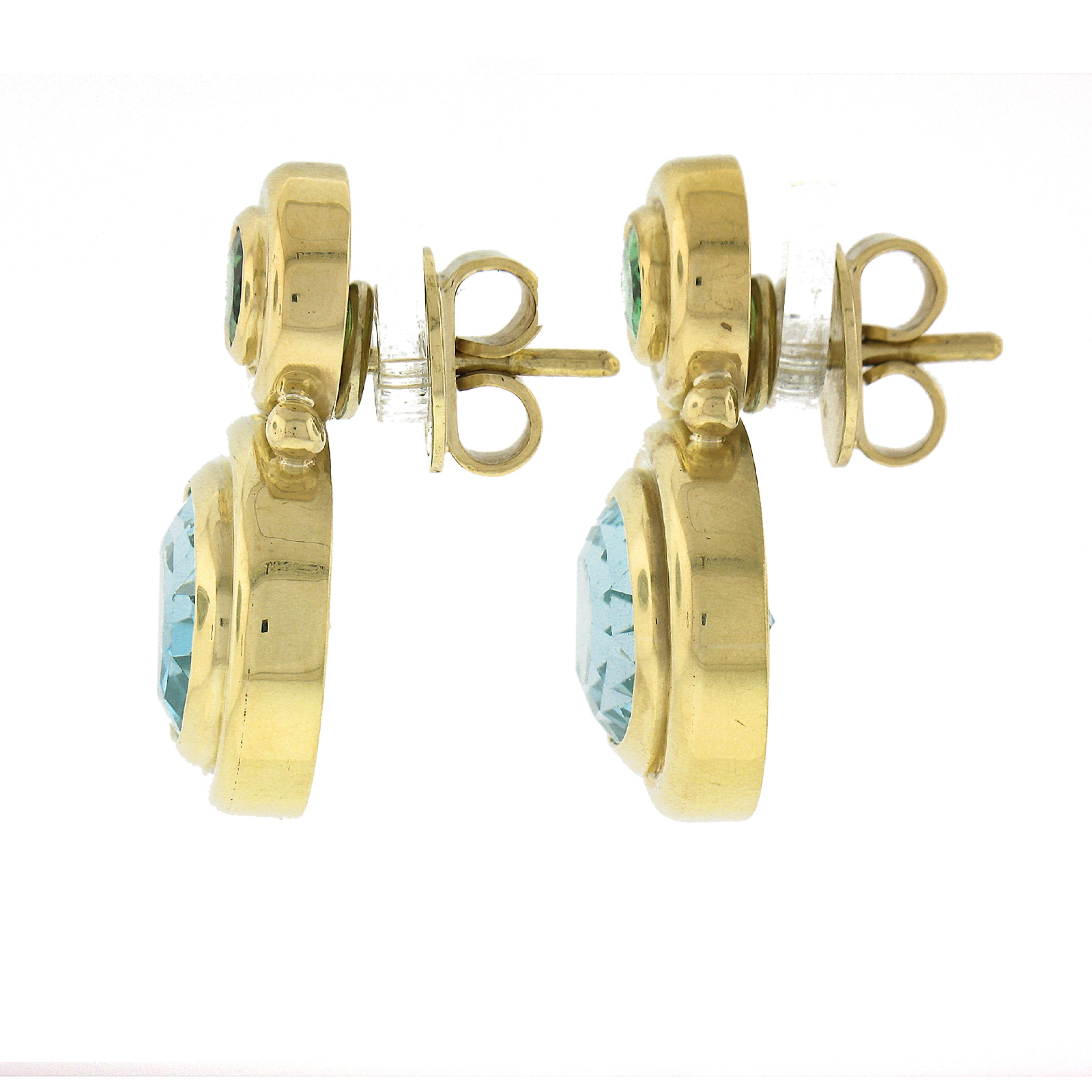 Elegant 18k Yellow Gold Oval Bezel Blue Topaz & Green Tourmaline Drop Earrings In Good Condition For Sale In Montclair, NJ