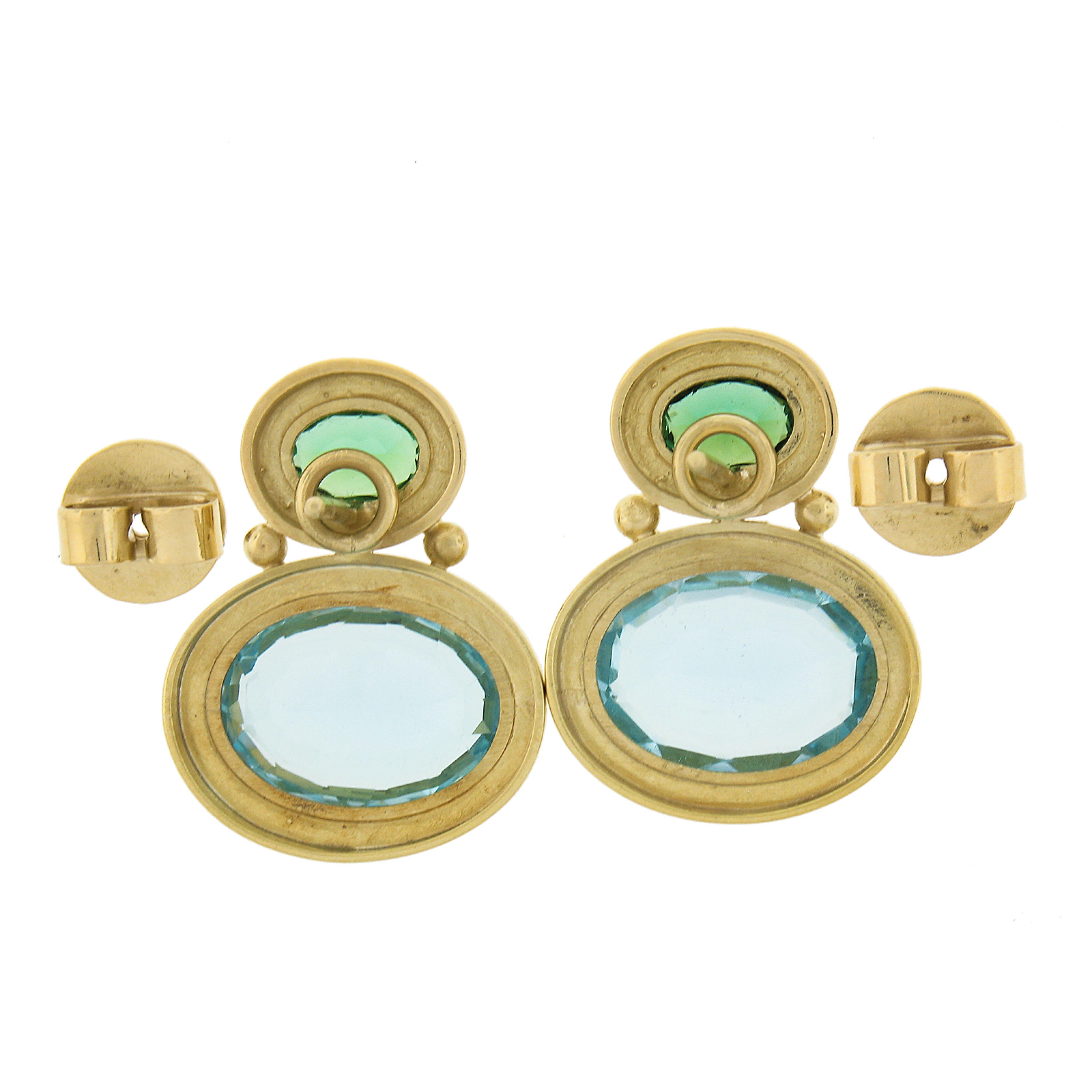Women's Elegant 18k Yellow Gold Oval Bezel Blue Topaz & Green Tourmaline Drop Earrings For Sale