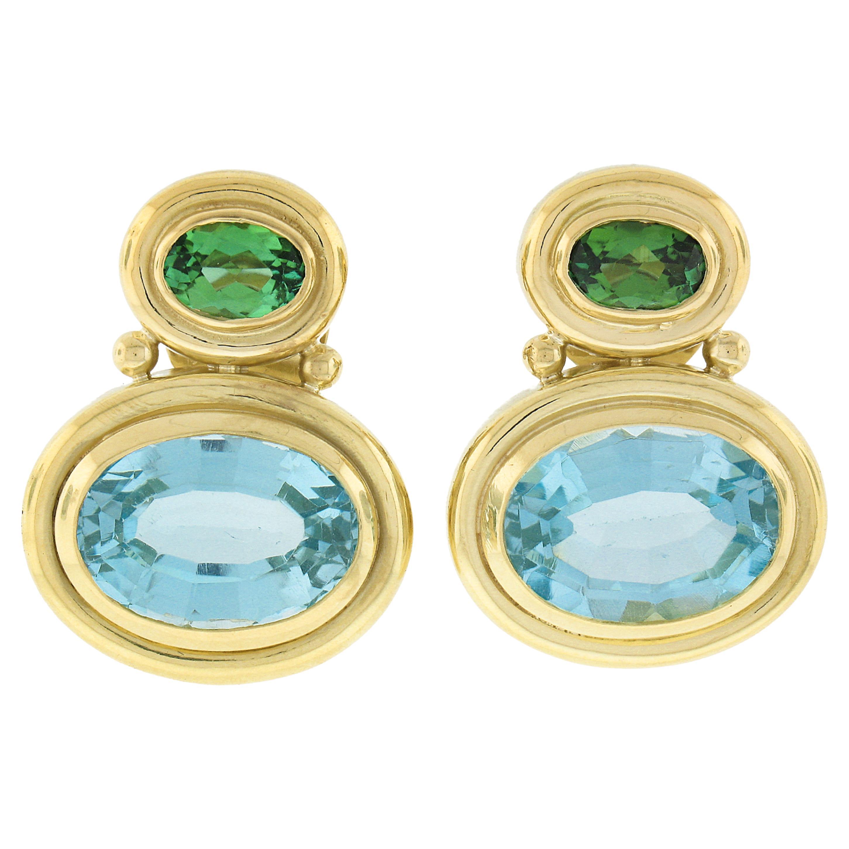 Elegant 18k Yellow Gold Oval Bezel Blue Topaz & Green Tourmaline Drop Earrings For Sale
