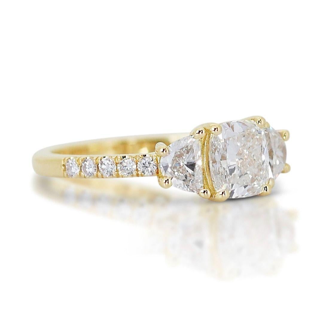 Embrace the captivating brilliance of a sunlit harvest moon with this enchanting ring.
At its heart, a dazzling 1 carat cushion diamond shimmers with the captivating glow of moonlight dancing on ripened wheat. The exquisite cushion cut showcases