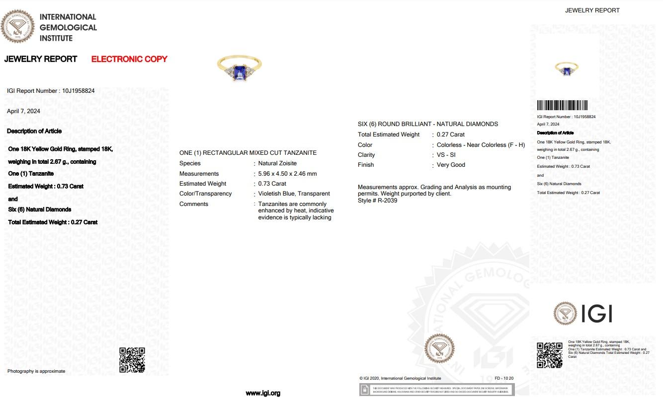 Elegant 18k Yellow Gold Tanzanite and Diamond Pave Ring w/1.00 ct -IGI Certified For Sale 1