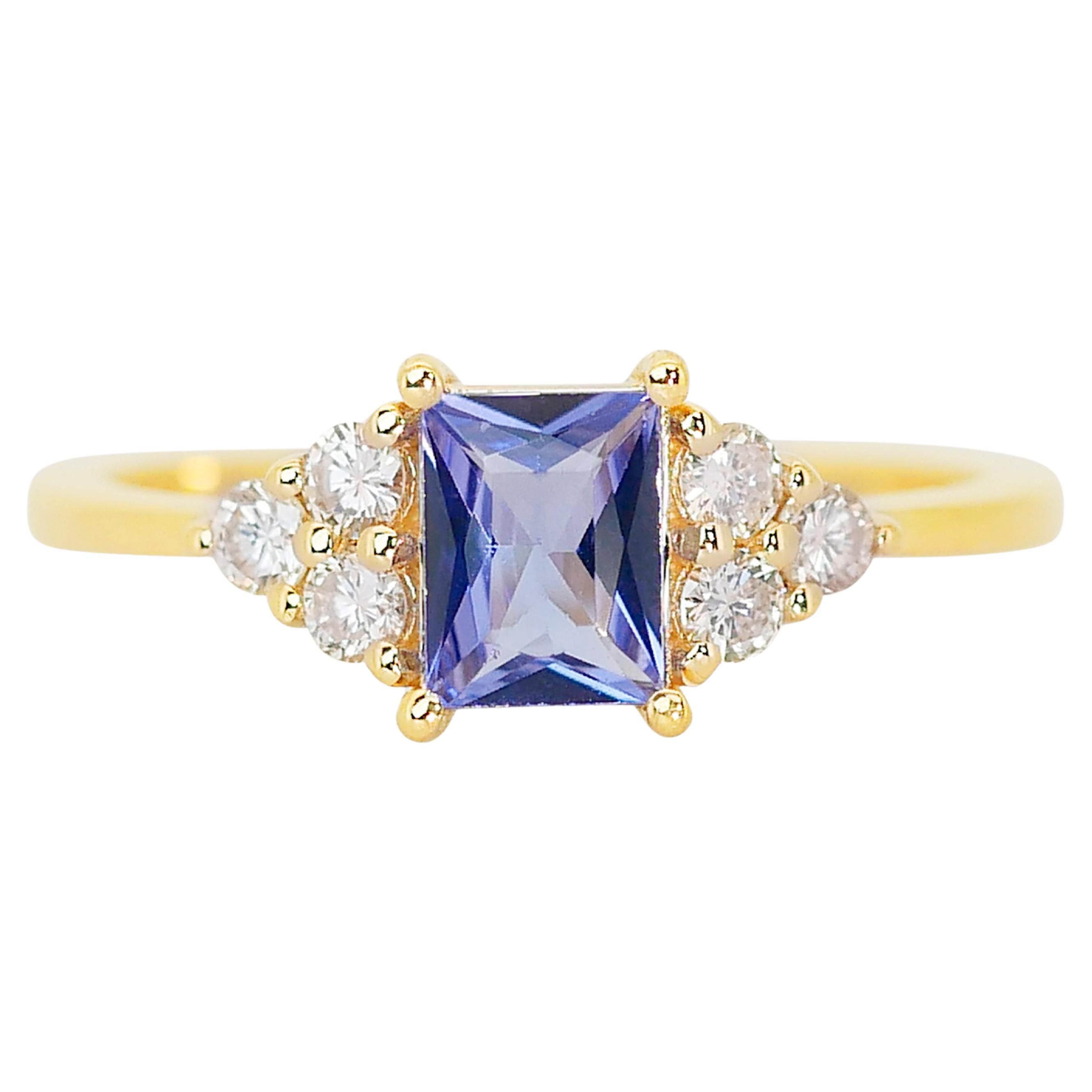 Eleganter Tansanit und Diamant-Pavé-Ring aus 18 Karat Gelbgold mit 1,00 Karat -IGI-zertifiziert im Angebot