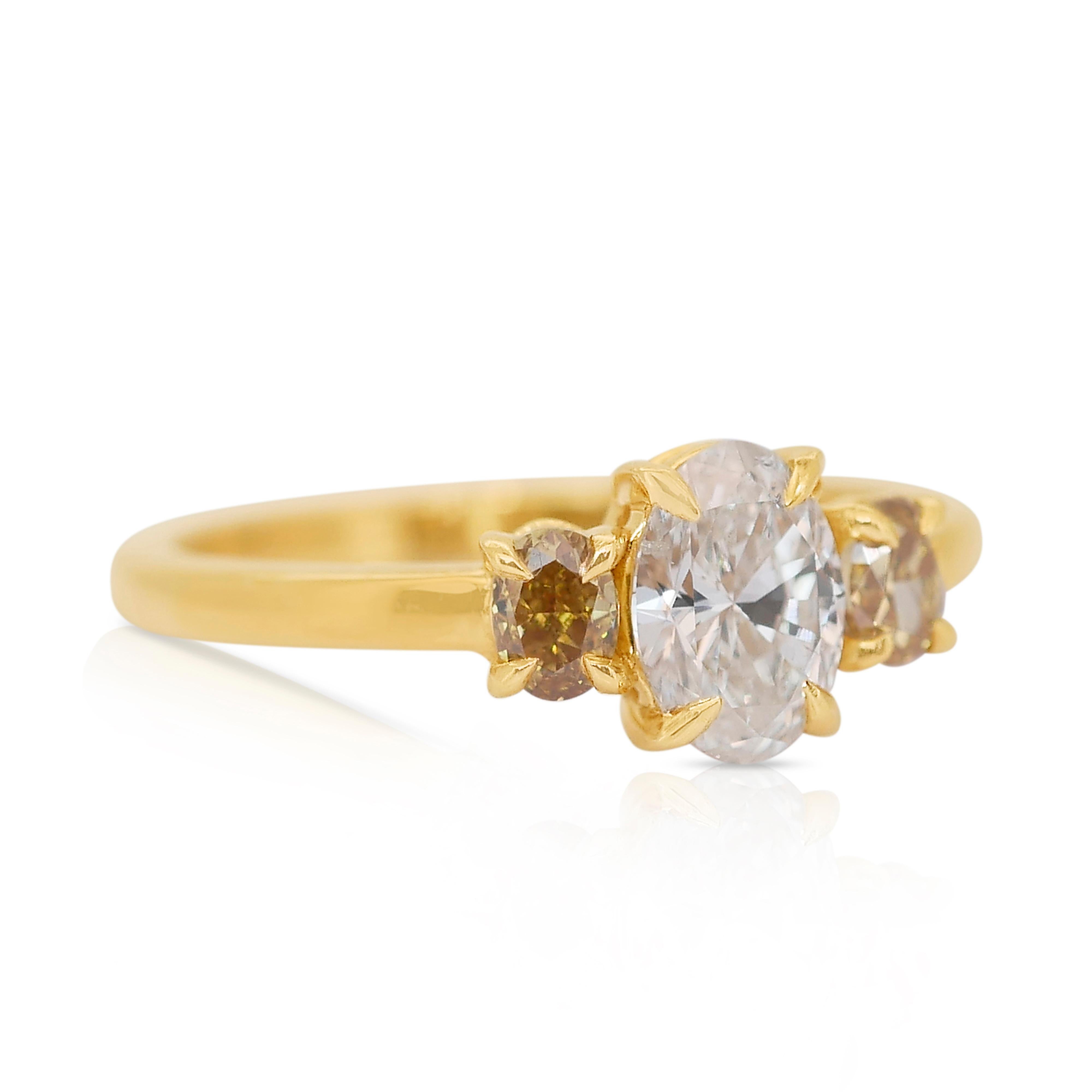 Exquisiter 1,12 Karat Diamanten 3-Stein-Ring aus 18 Karat Gelbgold - IGI-zertifiziert (Ovalschliff)