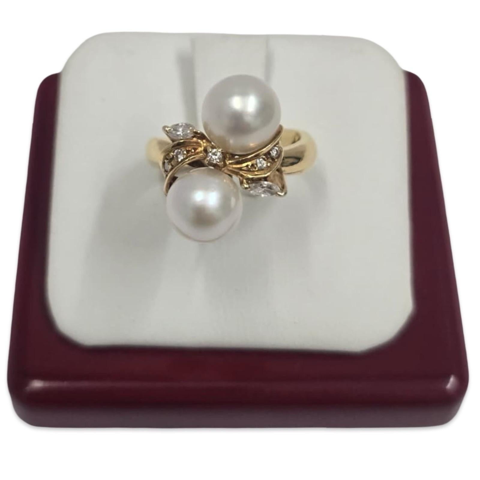 Elegant anneau de contournement en or jaune 18K à deux perles et diamants en vente 3