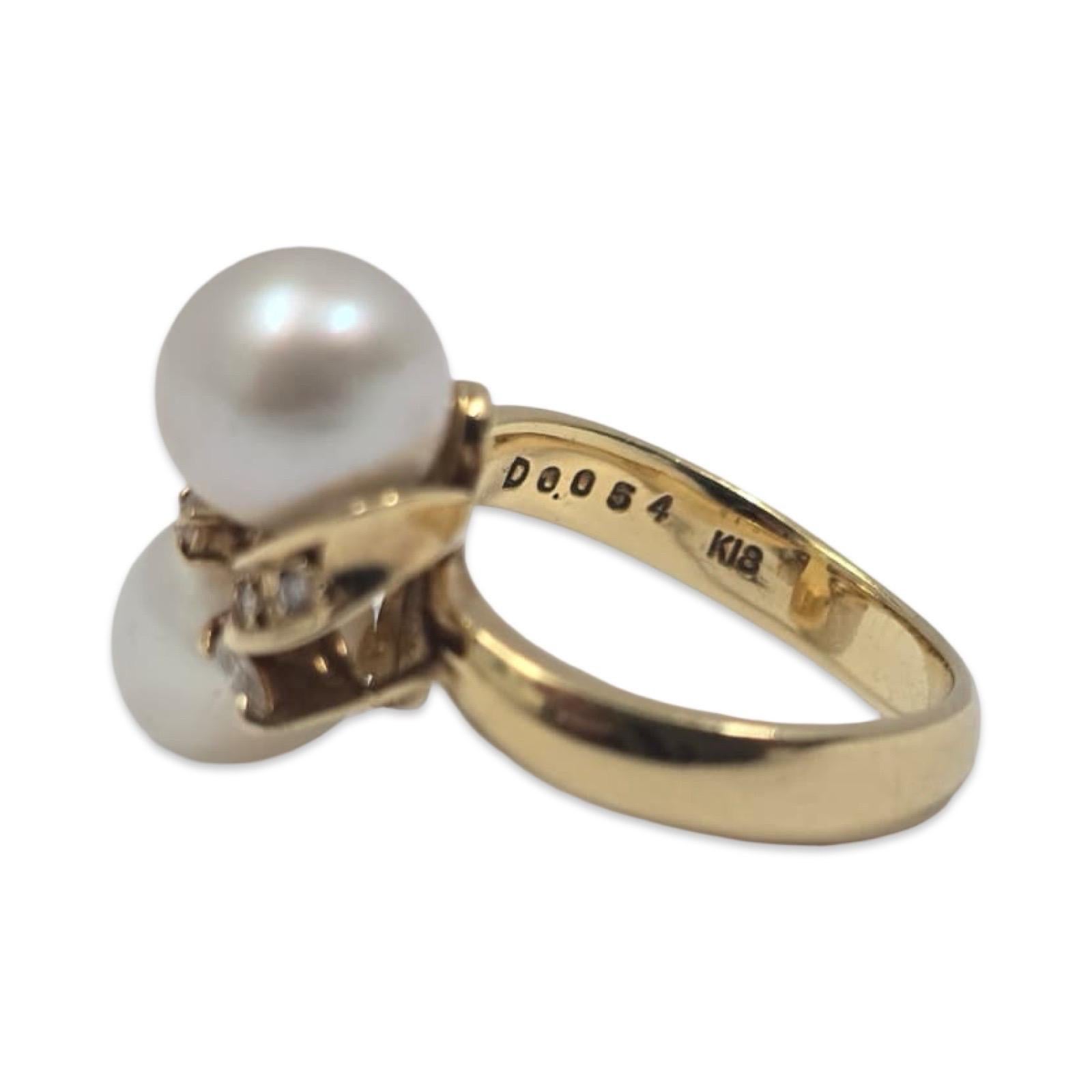 Elegant anneau de contournement en or jaune 18K à deux perles et diamants en vente 4