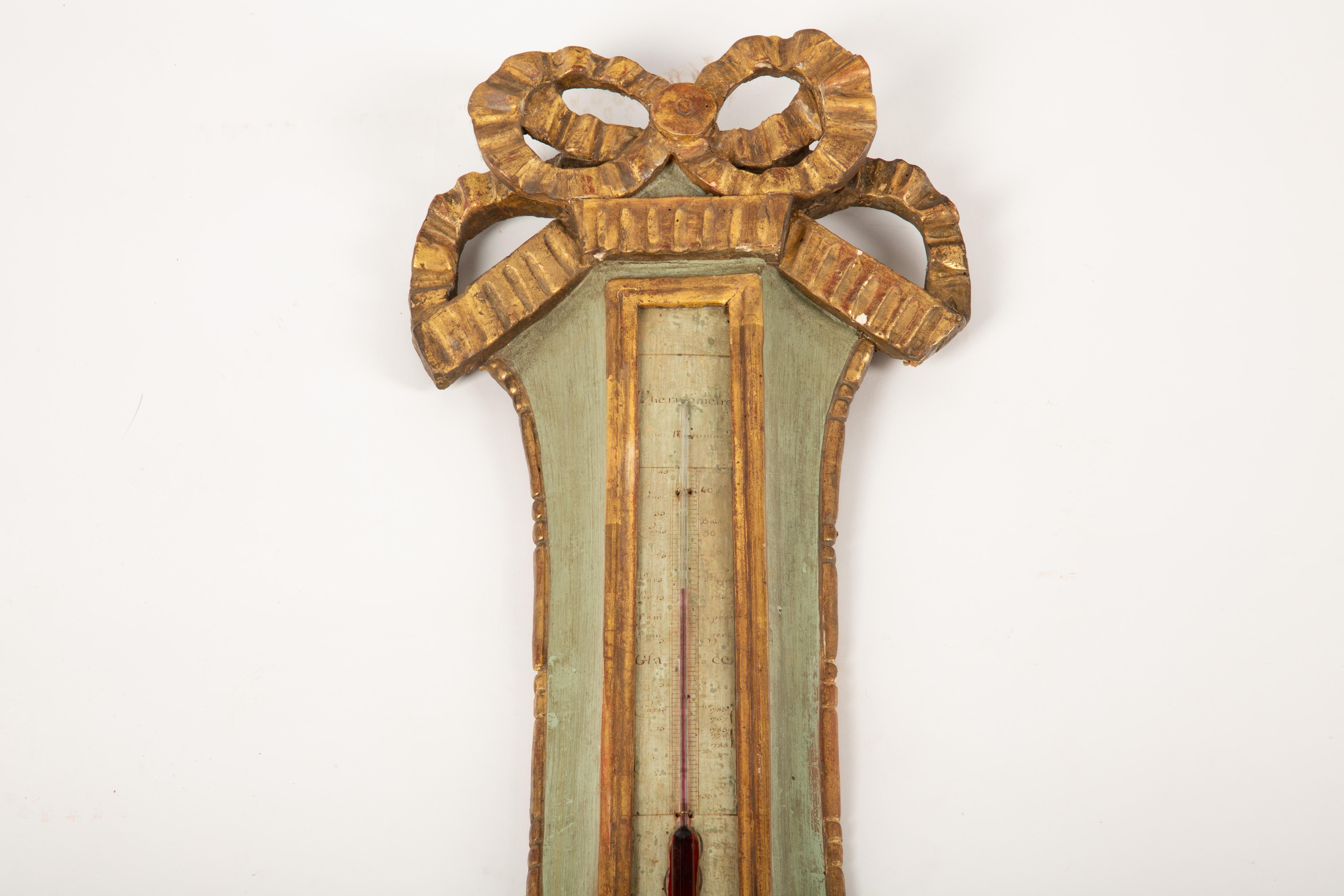 Louis XVI Elegant 18th Century French Giltwood Barometer with Ribbon Crest For Sale