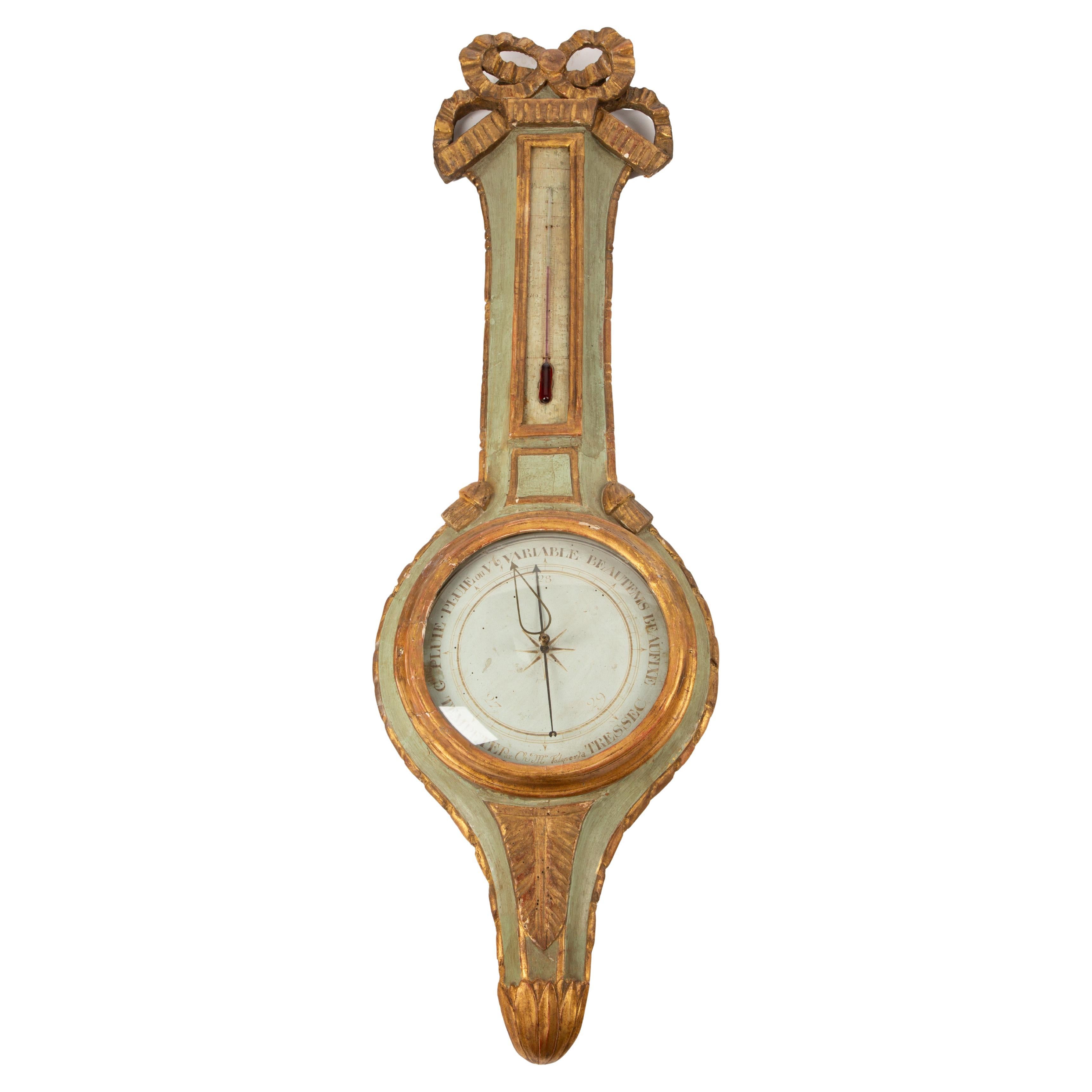 Elegant 18th Century French Giltwood Barometer with Ribbon Crest For Sale