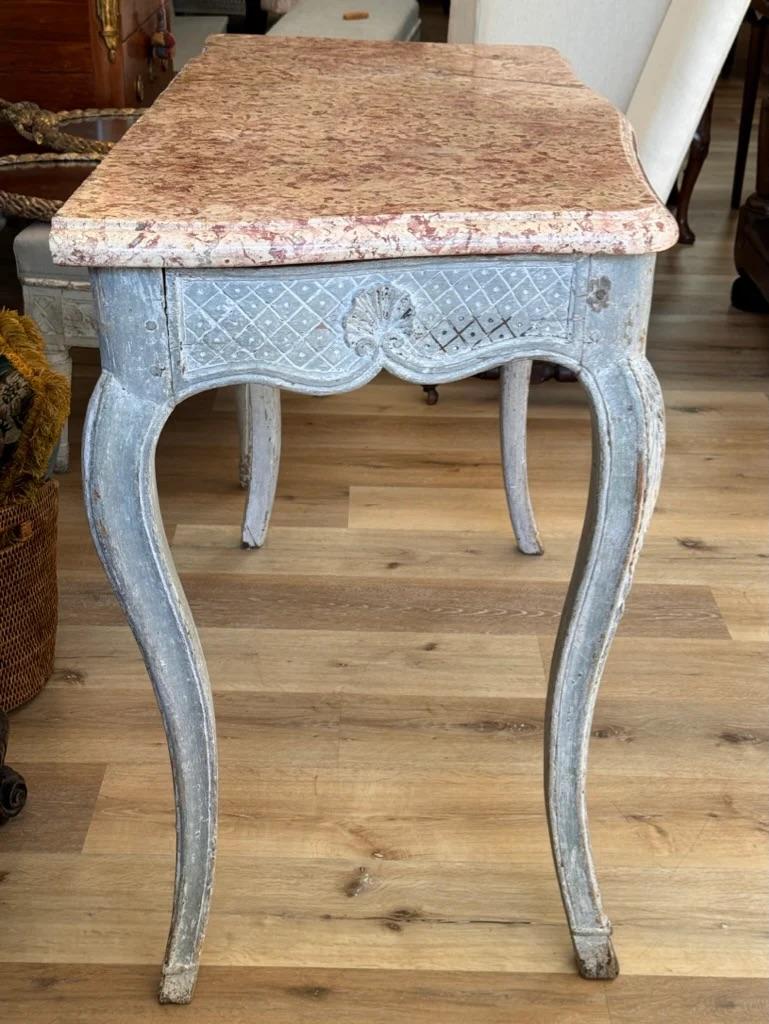 Marble Elegant 18th Century Louis XVI carved, polychrome console with marble top For Sale