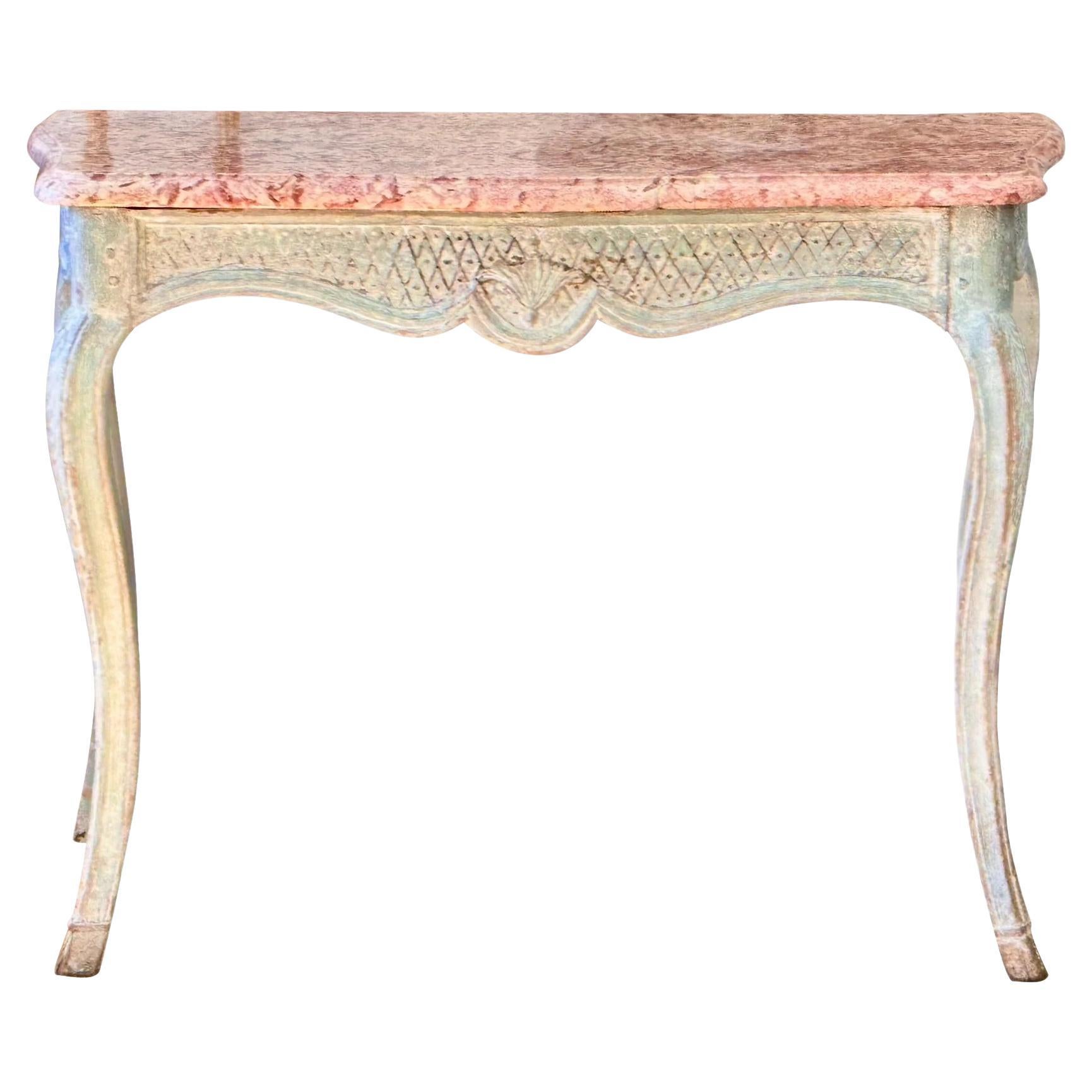 Elegant 18th Century Louis XVI carved, polychrome console with marble top For Sale