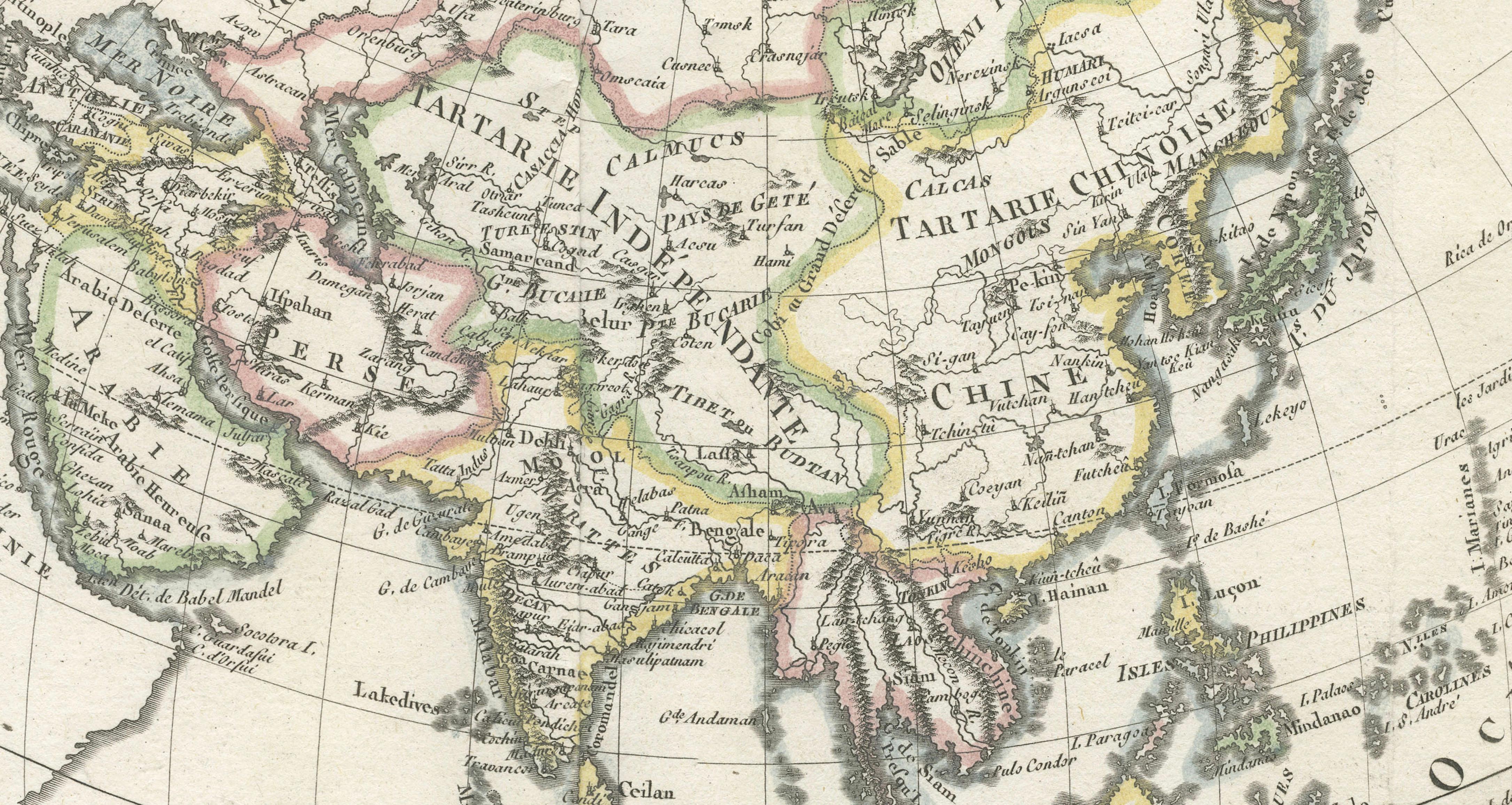 Elegant 18th Century Map of Asia by Rigobert Bonne Showing Siberia & China, 1787