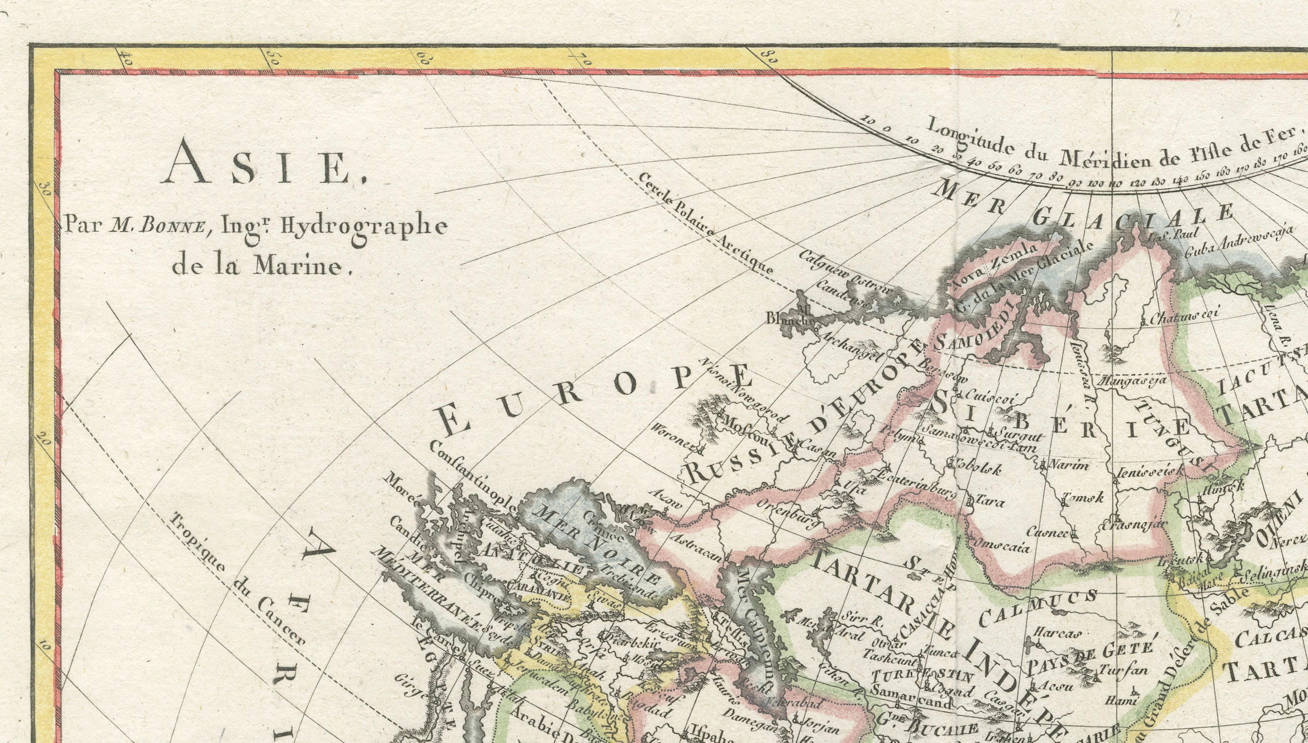 Elegant 18th Century Map of Asia by Rigobert Bonne Showing Siberia & China, 1787