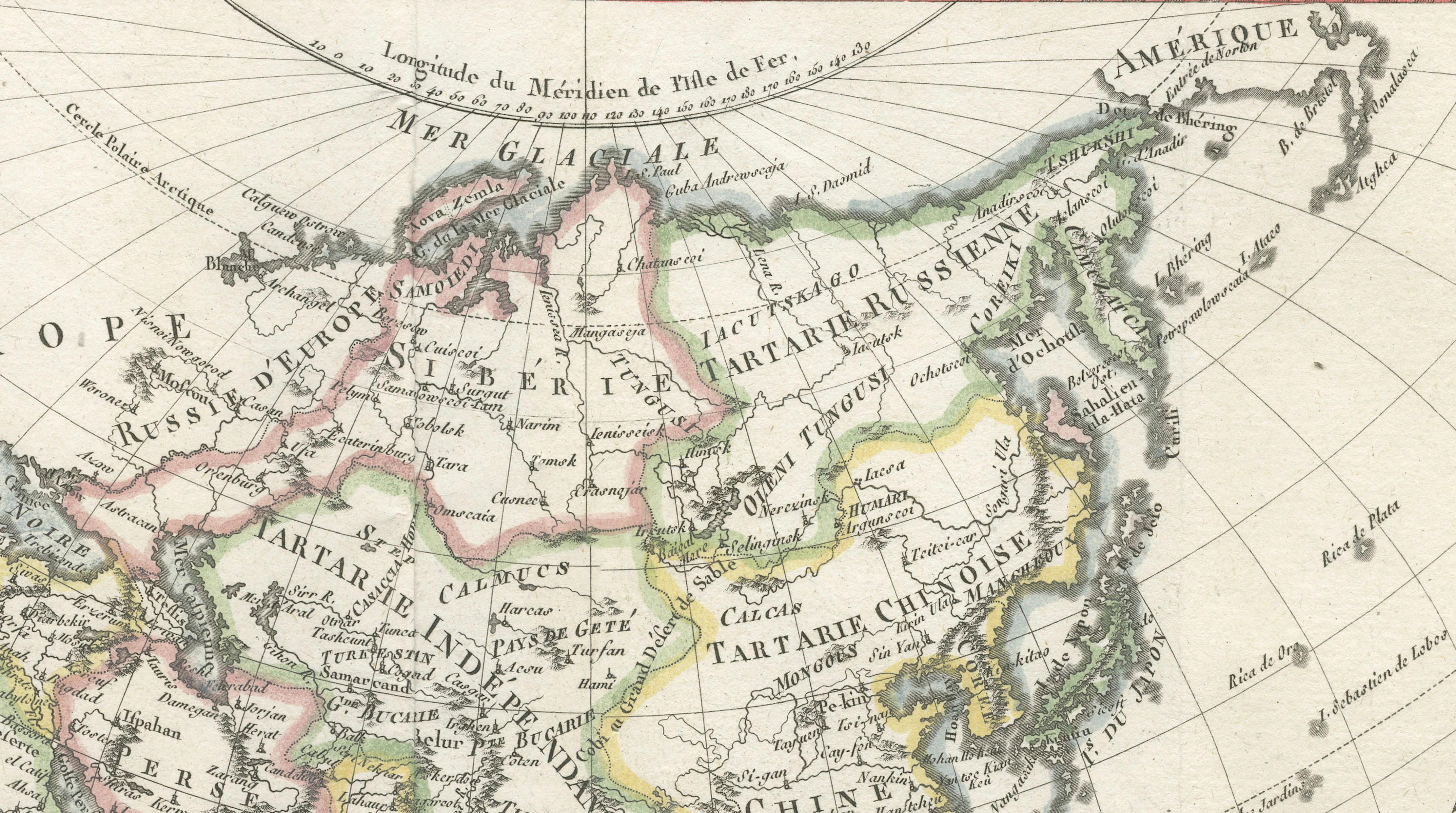 Elegant 18th Century Map of Asia by Rigobert Bonne Showing Siberia & China, 1787