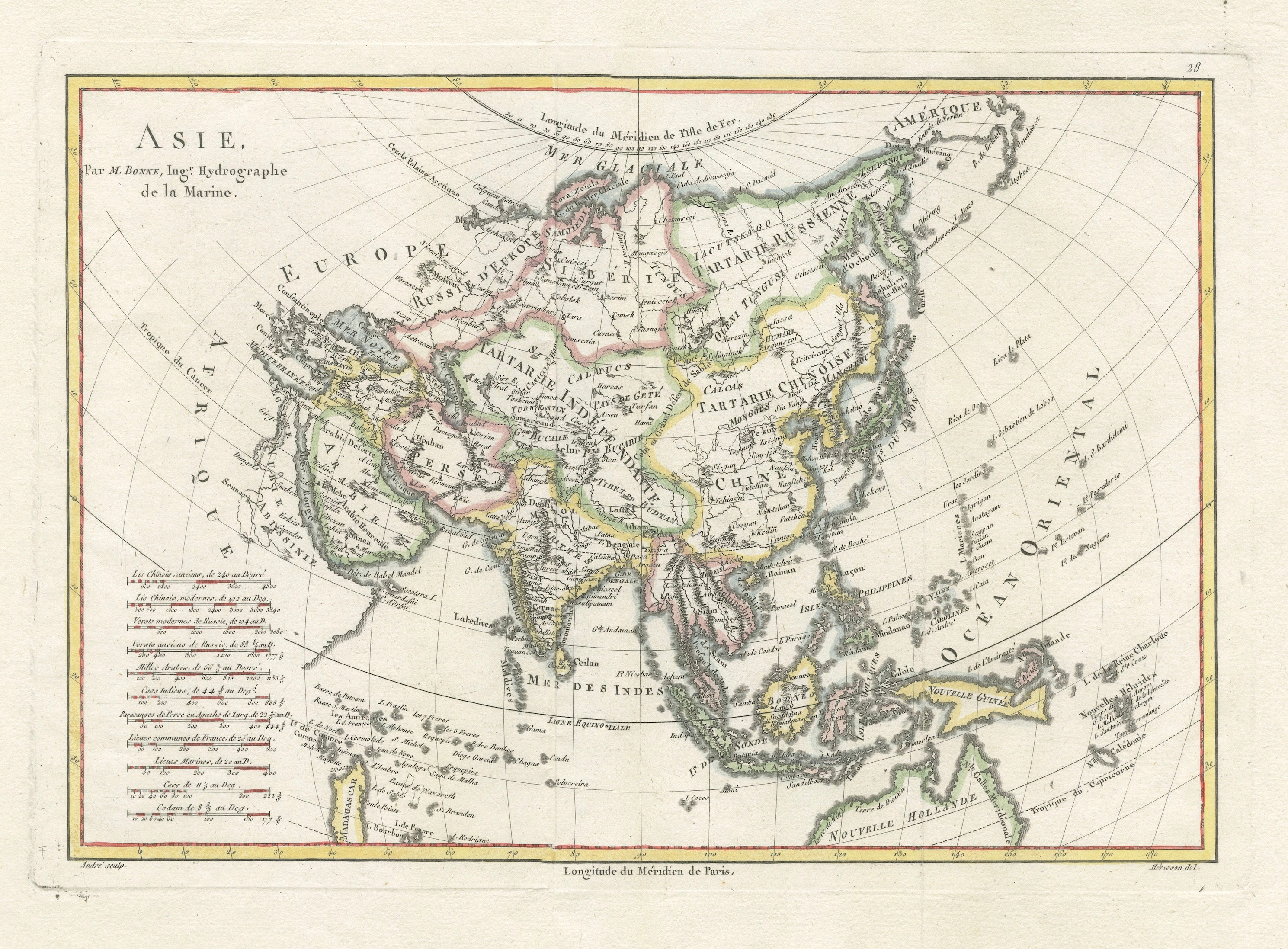 Elegant 18th Century Map of Asia by Rigobert Bonne Showing Siberia & China, 1787