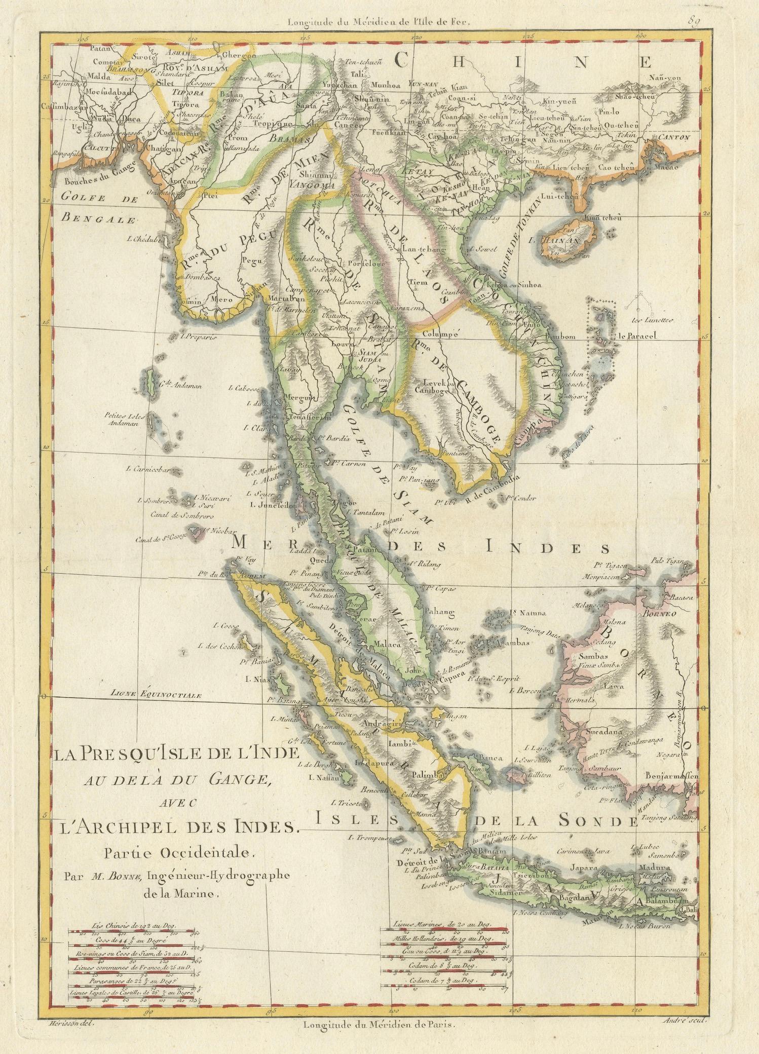 Elegant 18th Century Map of Southeast Asia, Siam, Sumatra & Java by Bonne - 1787