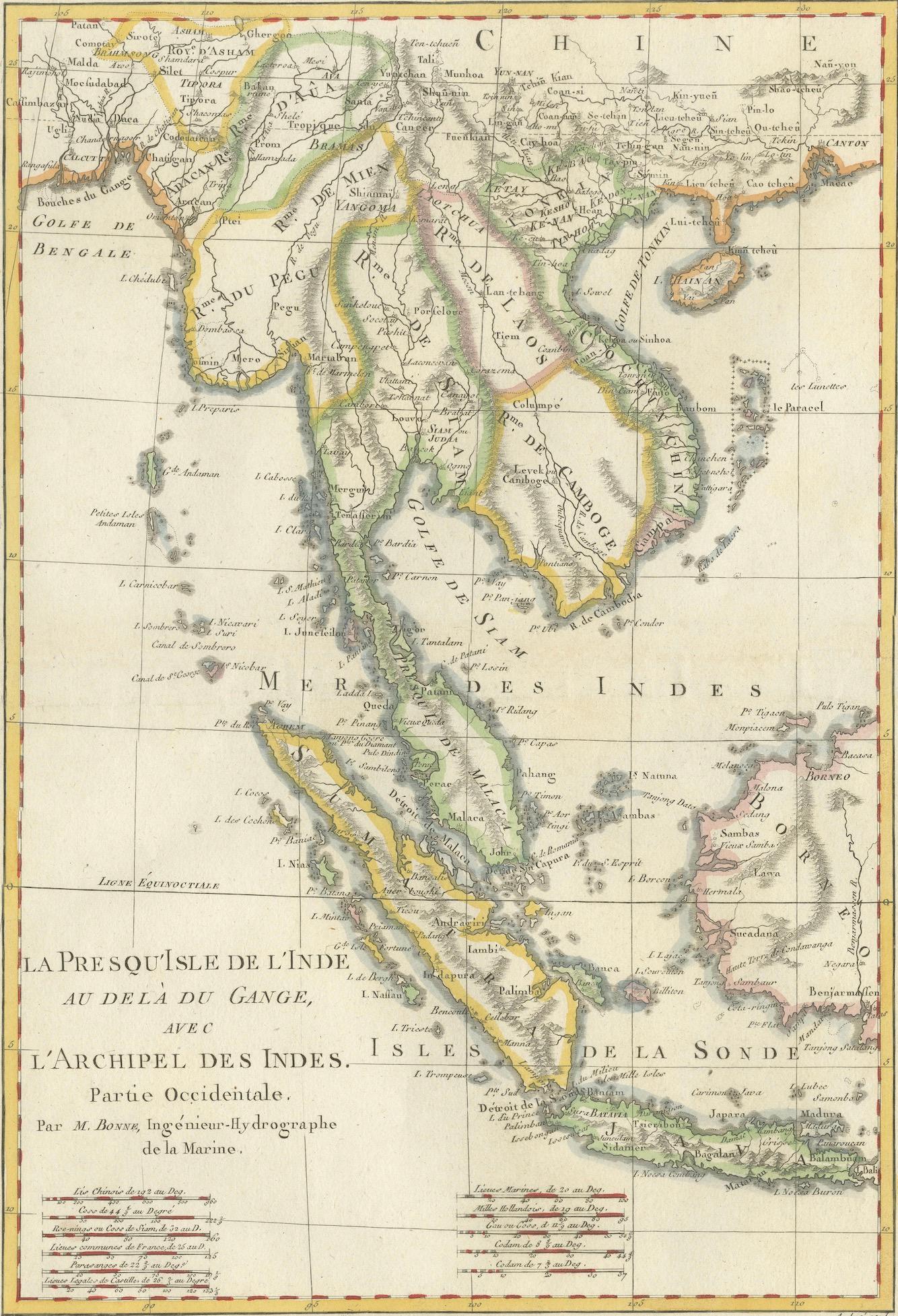 Elegant 18th Century Map of Southeast Asia, Siam, Sumatra & Java by Bonne - 1787