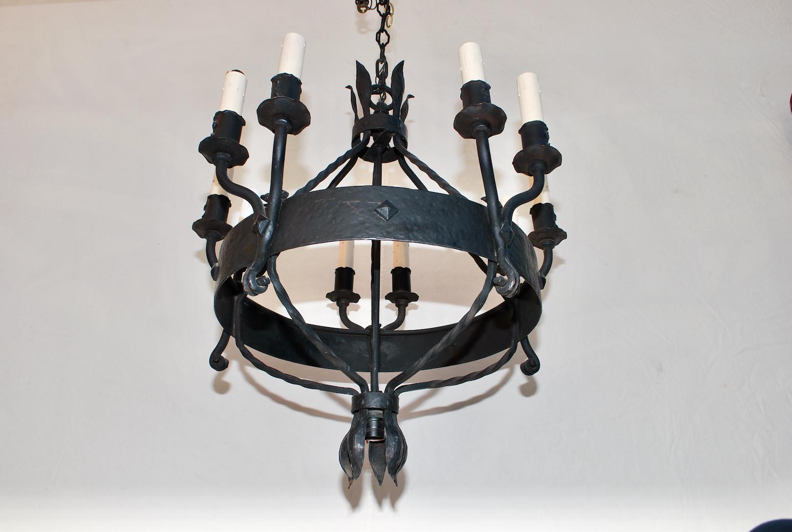 Spanish Colonial Elegant 1920's Wrought Iron Chandelier For Sale