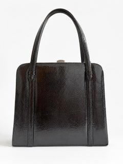 Elegant 1940s Vintage Glossy Lizard-Effect Leather Handbag in Dark Brown