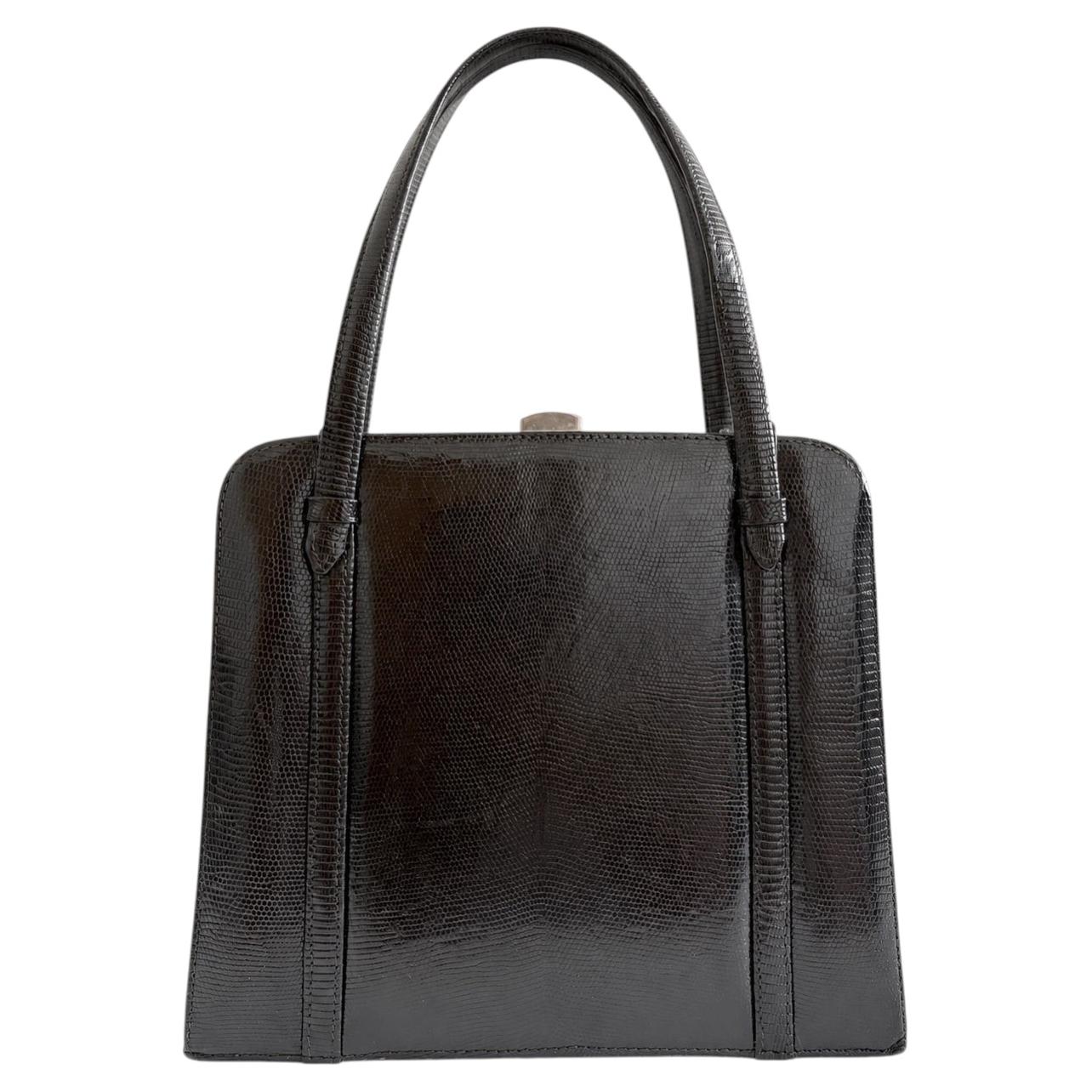 Elegante Vintage-Handtasche aus glänzendem Leder in Eidechsenoptik aus den 1940er Jahren in Dunkelbraun