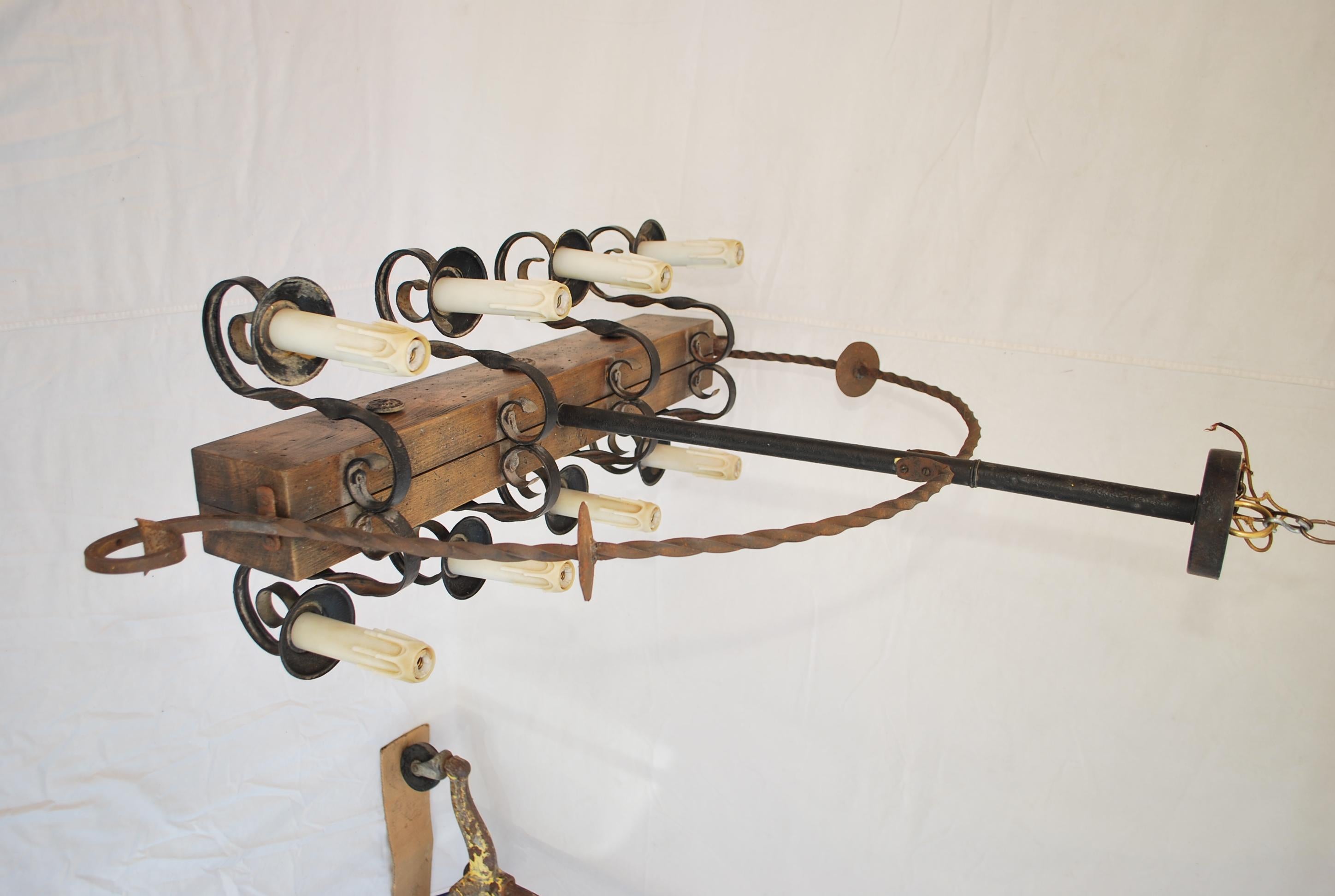 Elegant 1940's Wood and Iron Chandelier For Sale 2