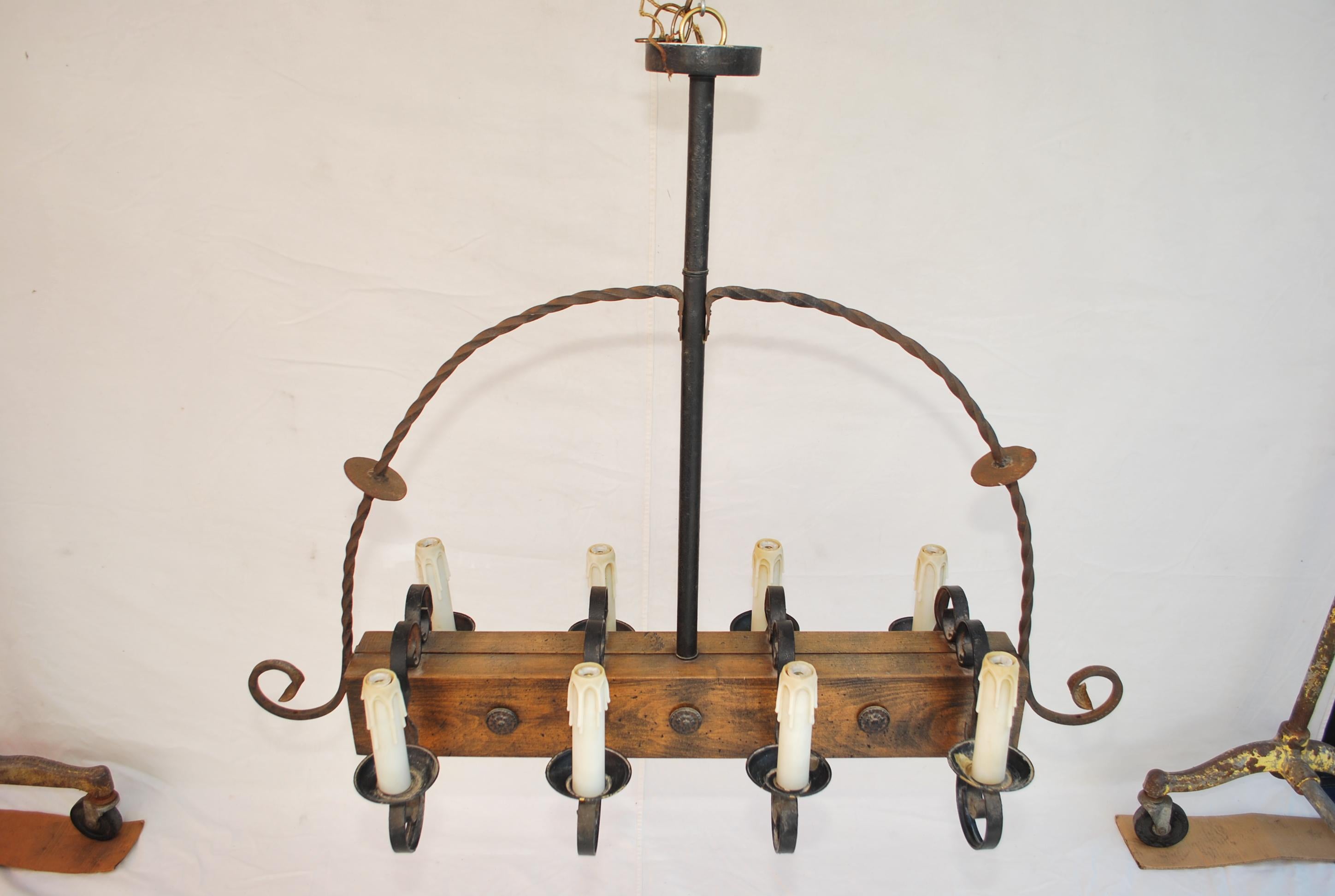 Elegant 1940's Wood and Iron Chandelier For Sale 3