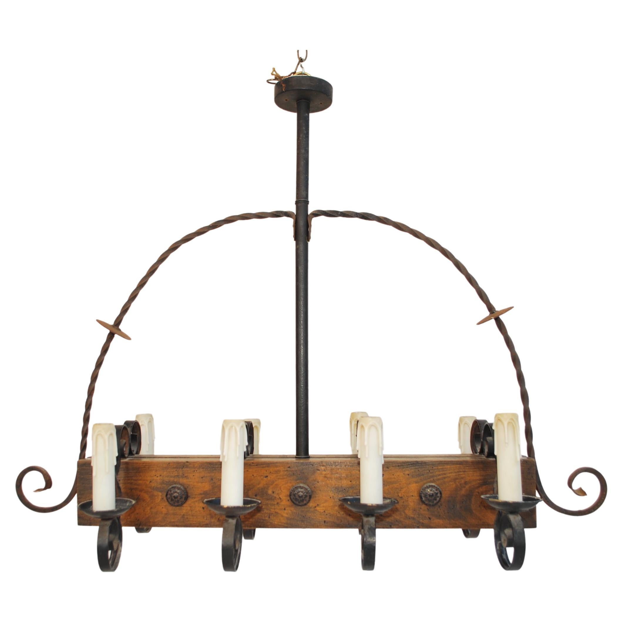 Elegant 1940's Wood and Iron Chandelier For Sale