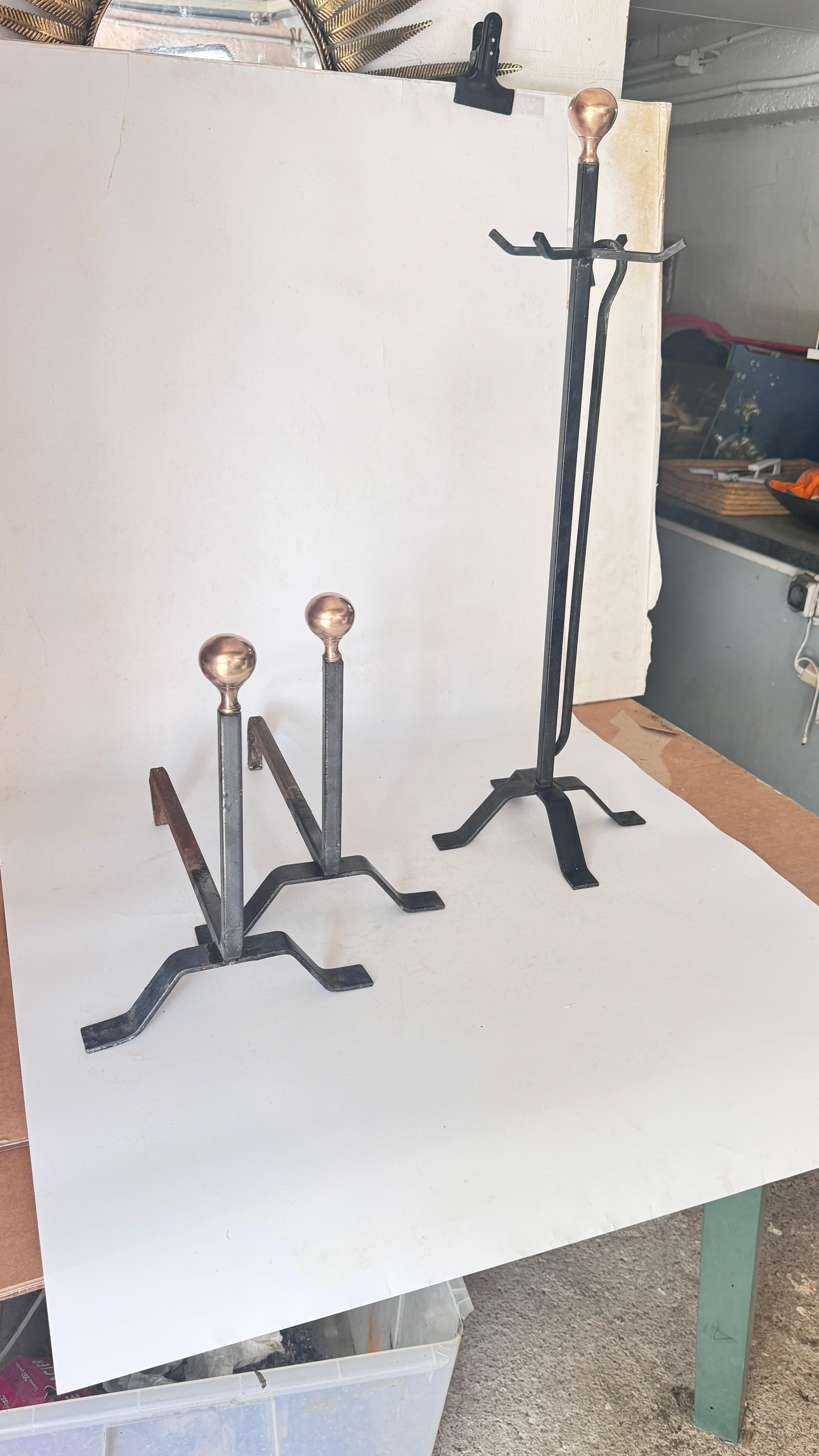 Art Deco Elegant 1950s French Fireplace Tool Set Black Cast Iron with Polished Brass For Sale