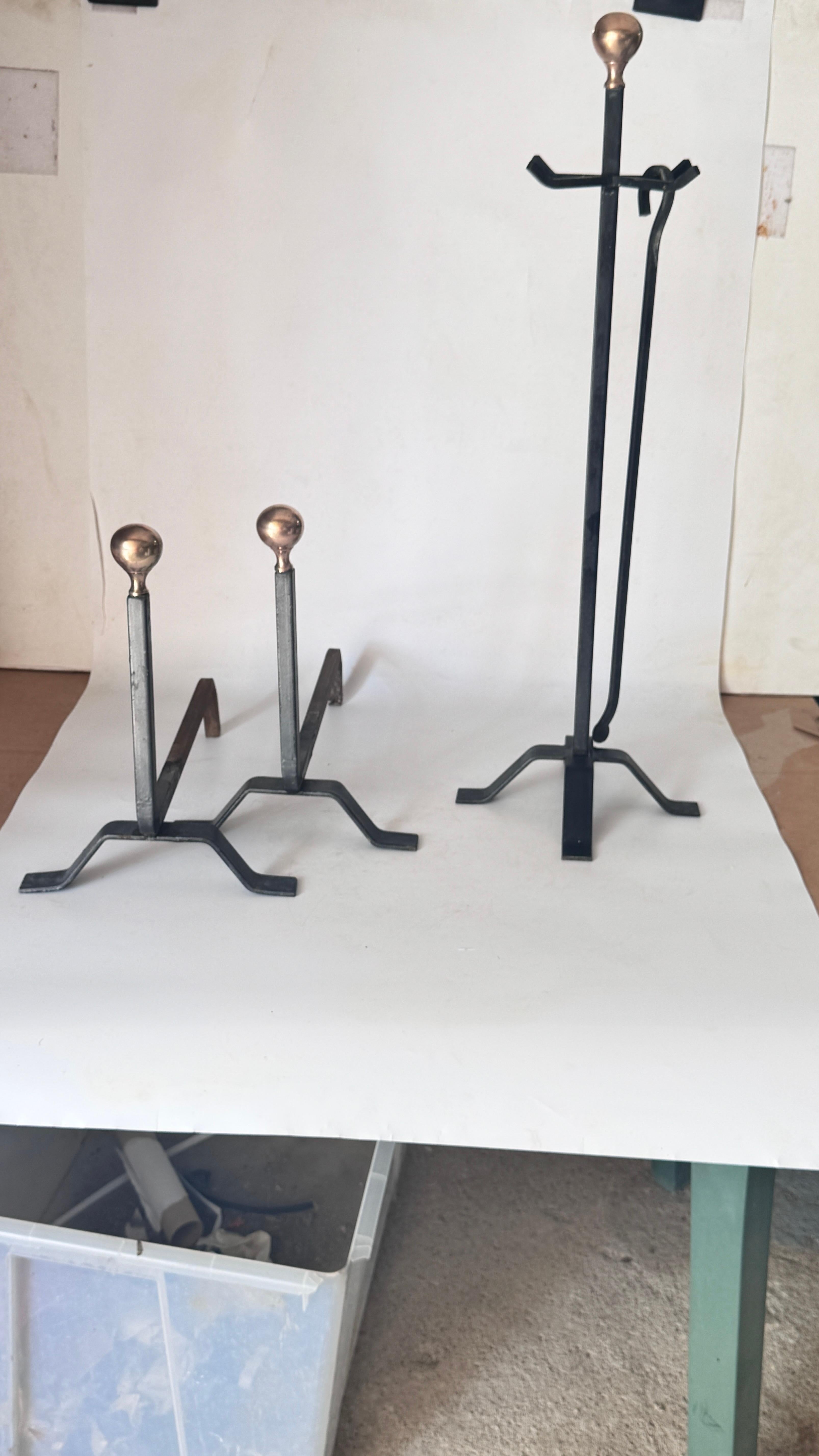 Mid-20th Century Elegant 1950s French Fireplace Tool Set Black Cast Iron with Polished Brass For Sale