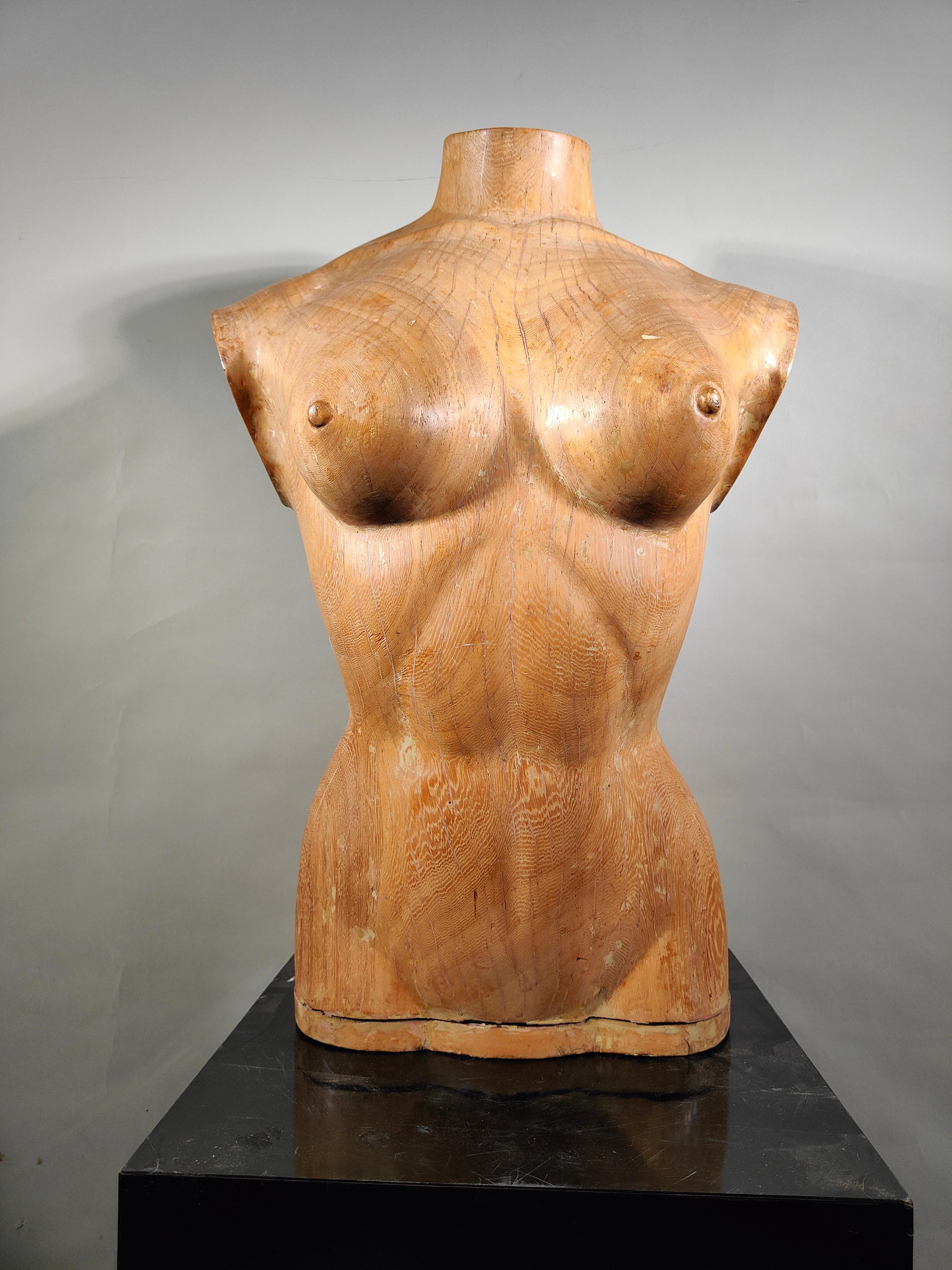 20th Century Elegant 1950s French Wooden Female Torso: Sculpted Solid Wood Craftsmanship For Sale