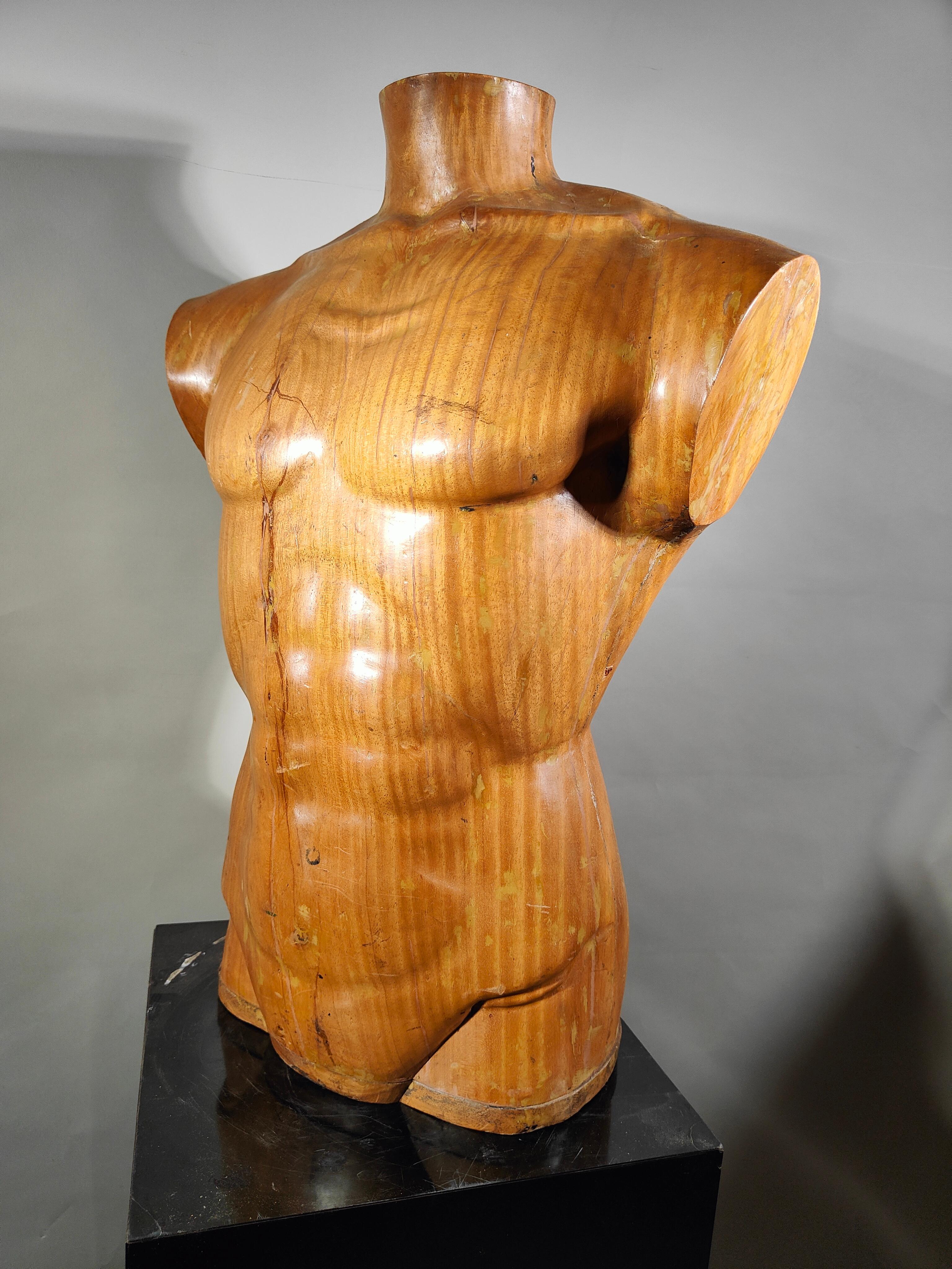 Elegant 1950s French Wooden Male Torso: Sculpted Solid Wood Craftsmanship For Sale 5