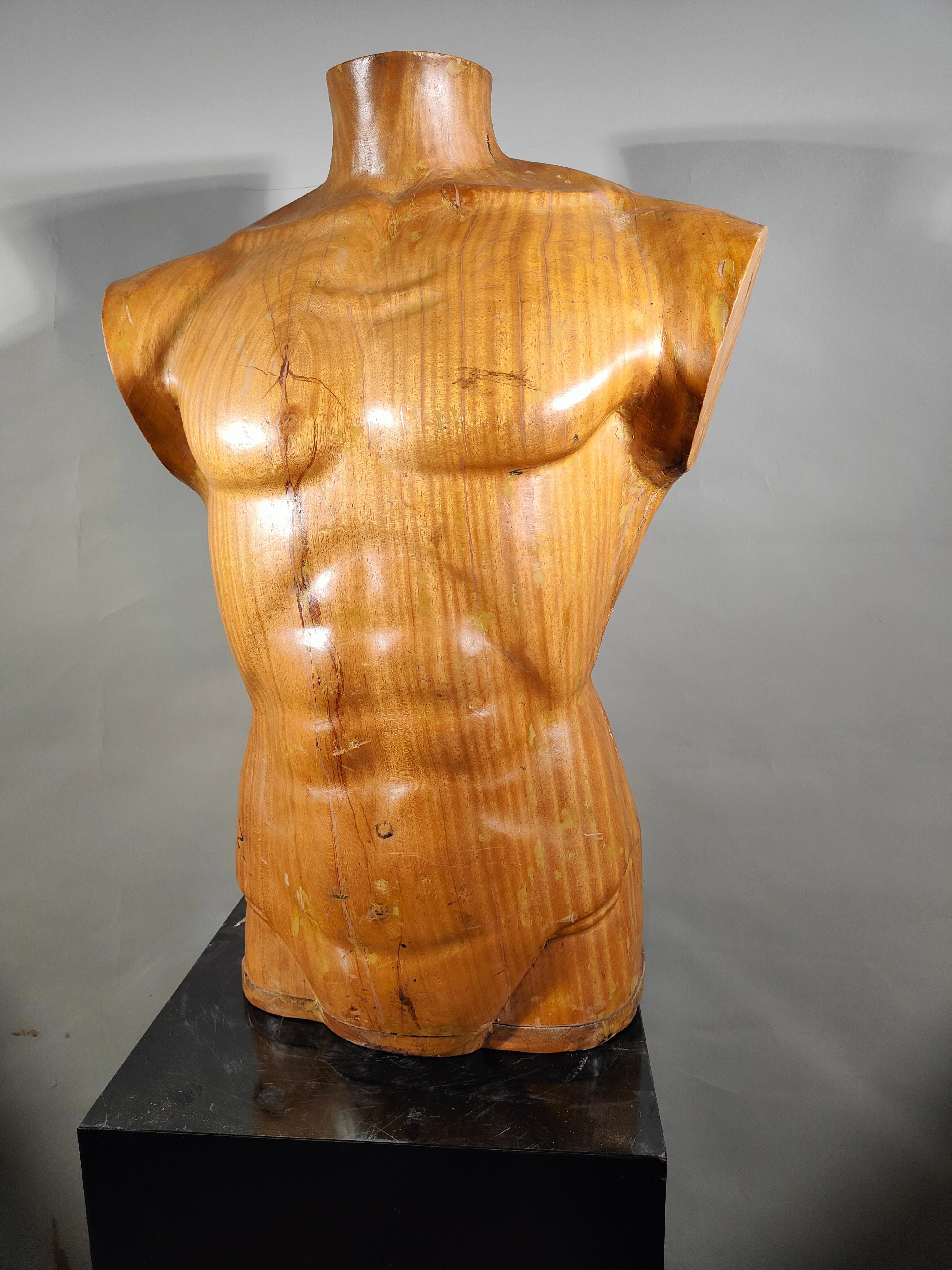 Elegant 1950s French Wooden Male Torso: Sculpted Solid Wood Craftsmanship For Sale 6