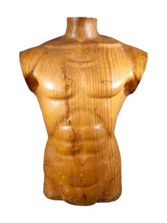Elegant 1950s French Wooden Male Torso: Sculpted Solid Wood Craftsmanship