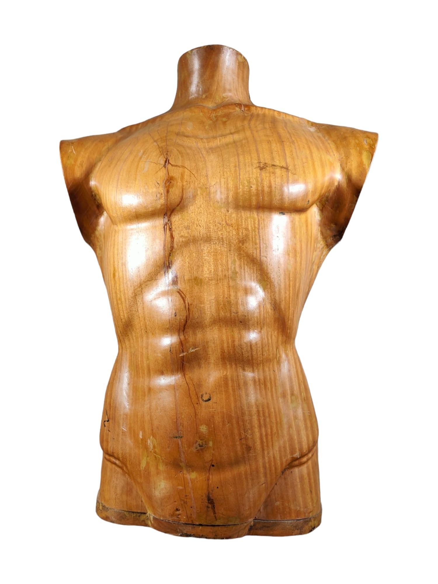 20th Century Elegant 1950s French Wooden Male Torso: Sculpted Solid Wood Craftsmanship For Sale