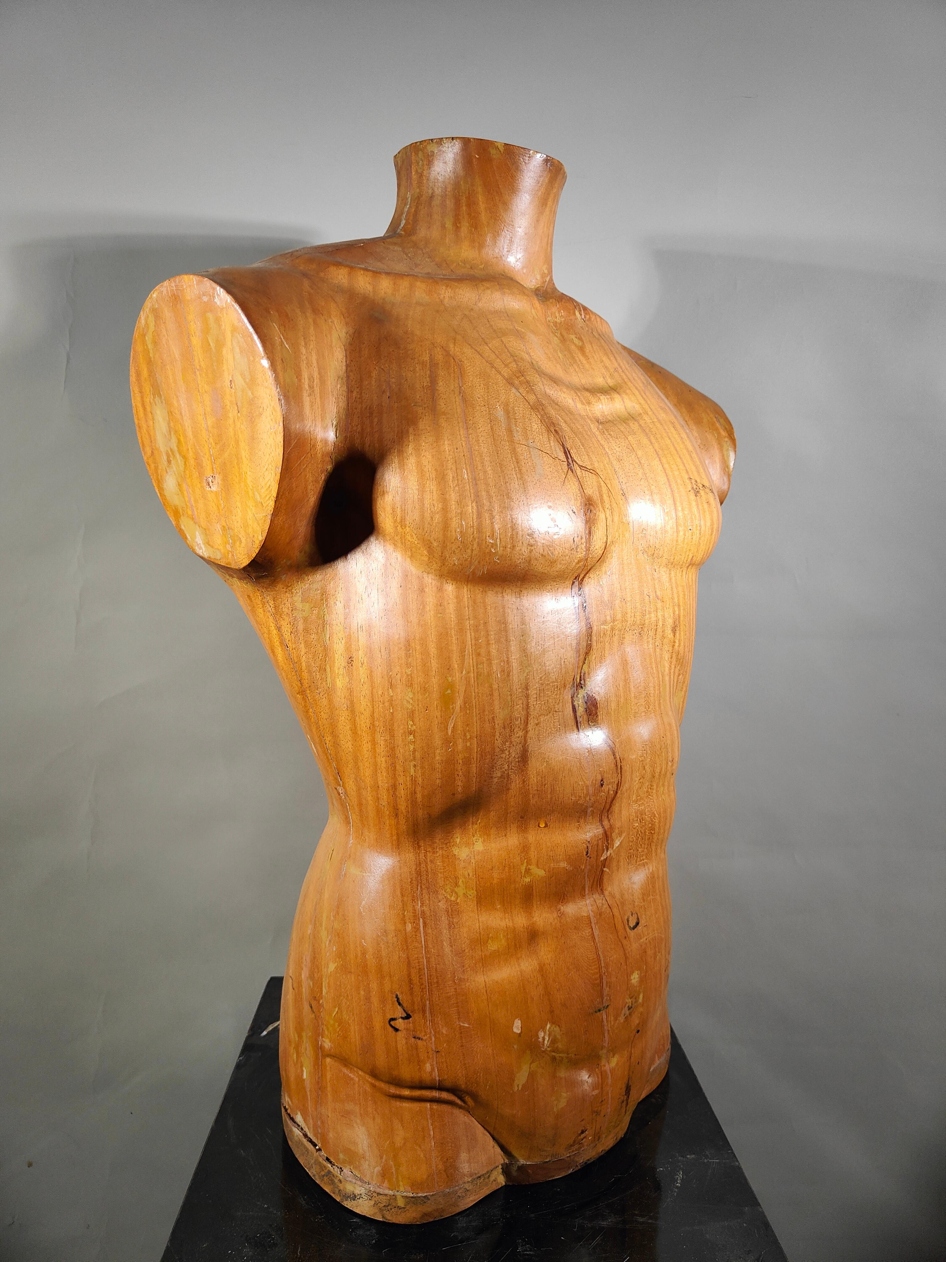 Elegant 1950s French Wooden Male Torso: Sculpted Solid Wood Craftsmanship For Sale 2
