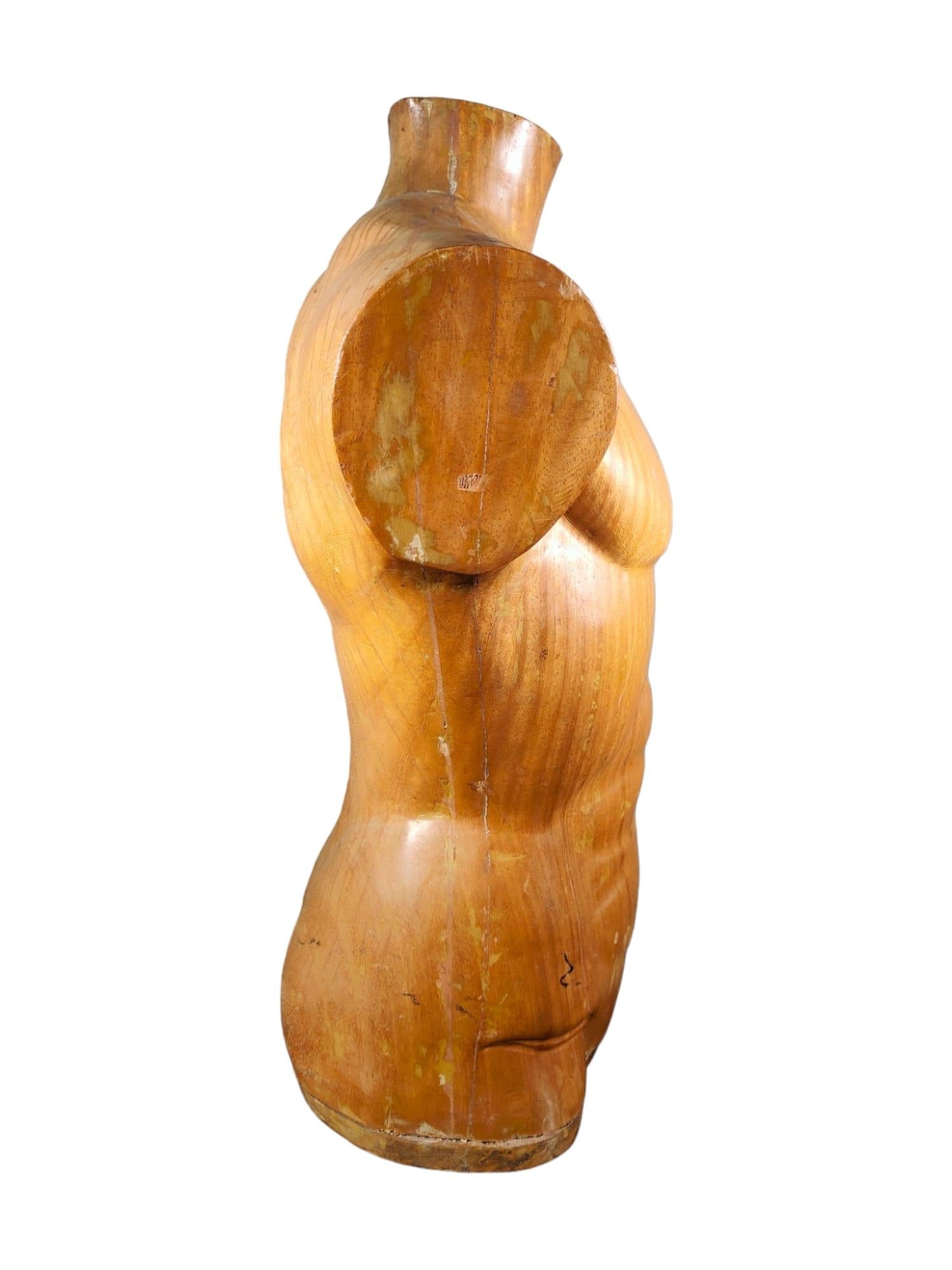 Elegant 1950s French Wooden Male Torso: Sculpted Solid Wood Craftsmanship For Sale 3