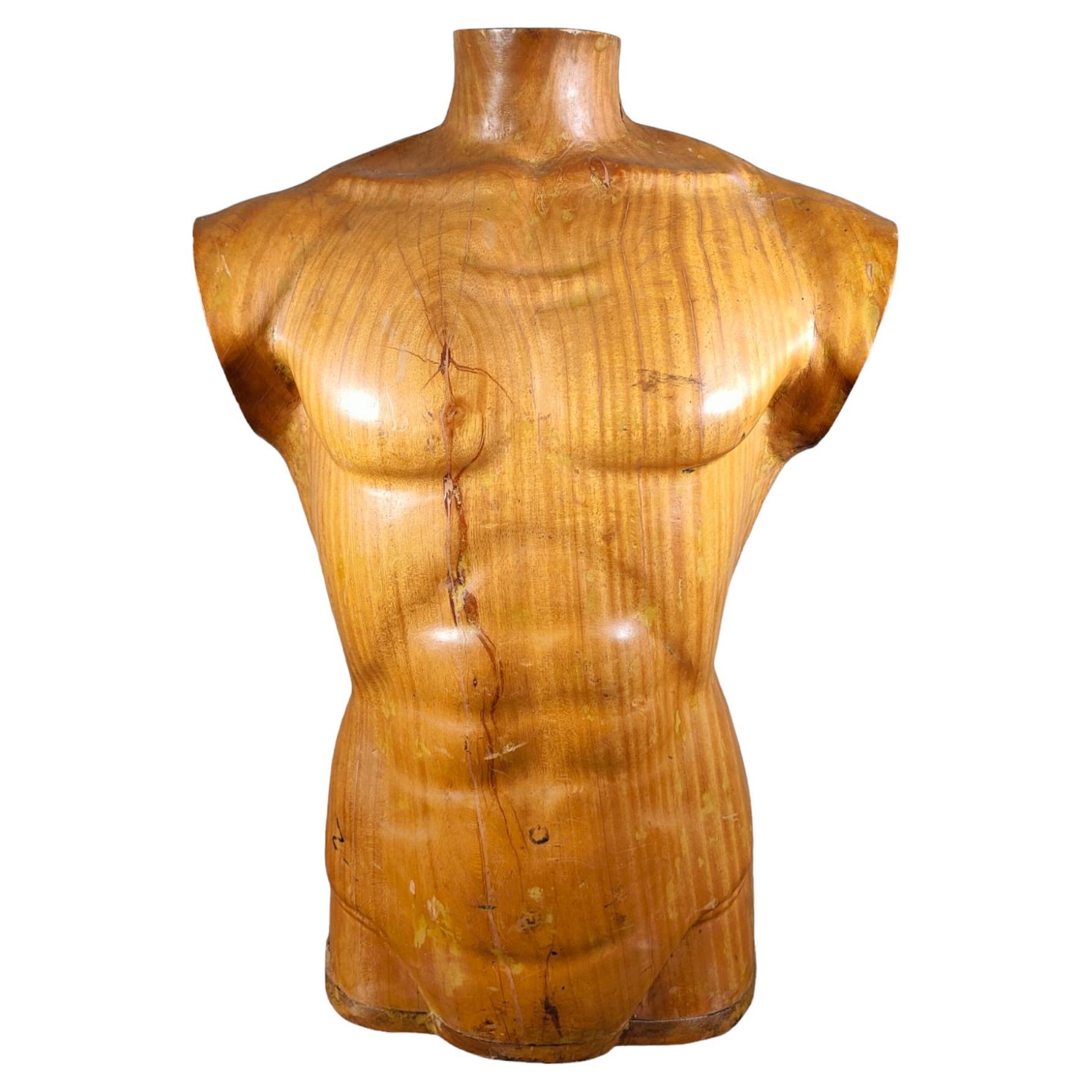 Elegant 1950s French Wooden Male Torso: Sculpted Solid Wood Craftsmanship For Sale