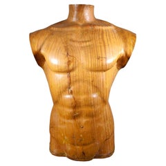 Retro Elegant 1950s French Wooden Male Torso: Sculpted Solid Wood Craftsmanship