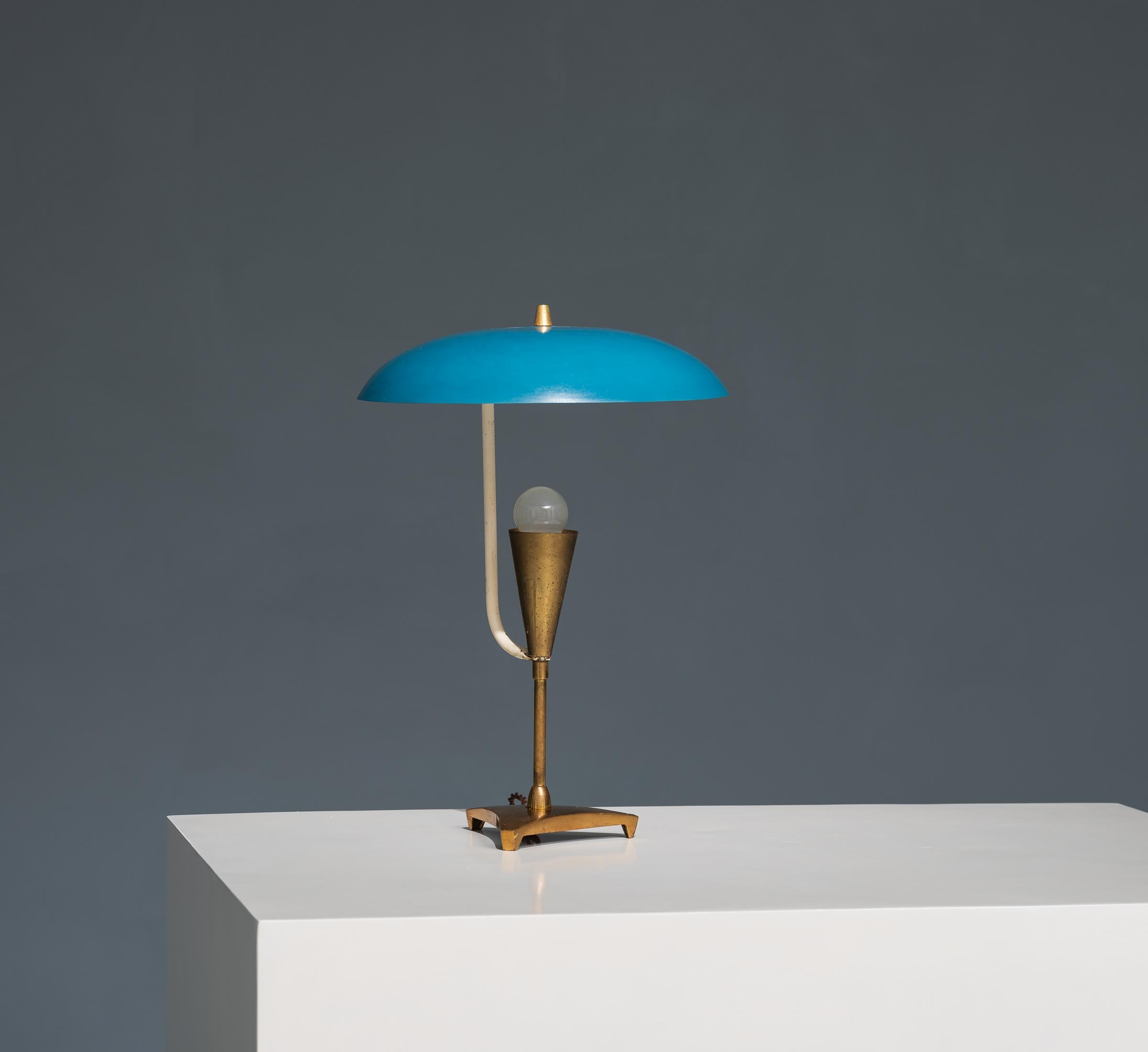 Metal Elegant 1950s Italian Table Lamp with Brass and Blue Lacquered Shade For Sale