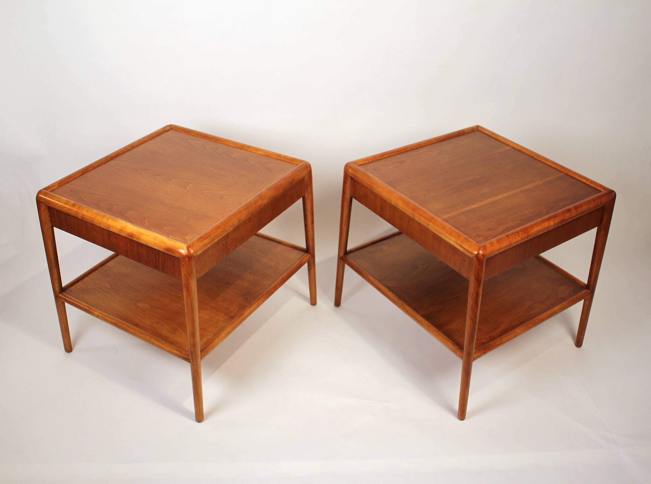 Elegantly designed pair of Gibbings night stands or end tables for Widdicomb from the 1950s. The mahogany has been professionally refinished and is in very good condition. Signed with fabric labels.