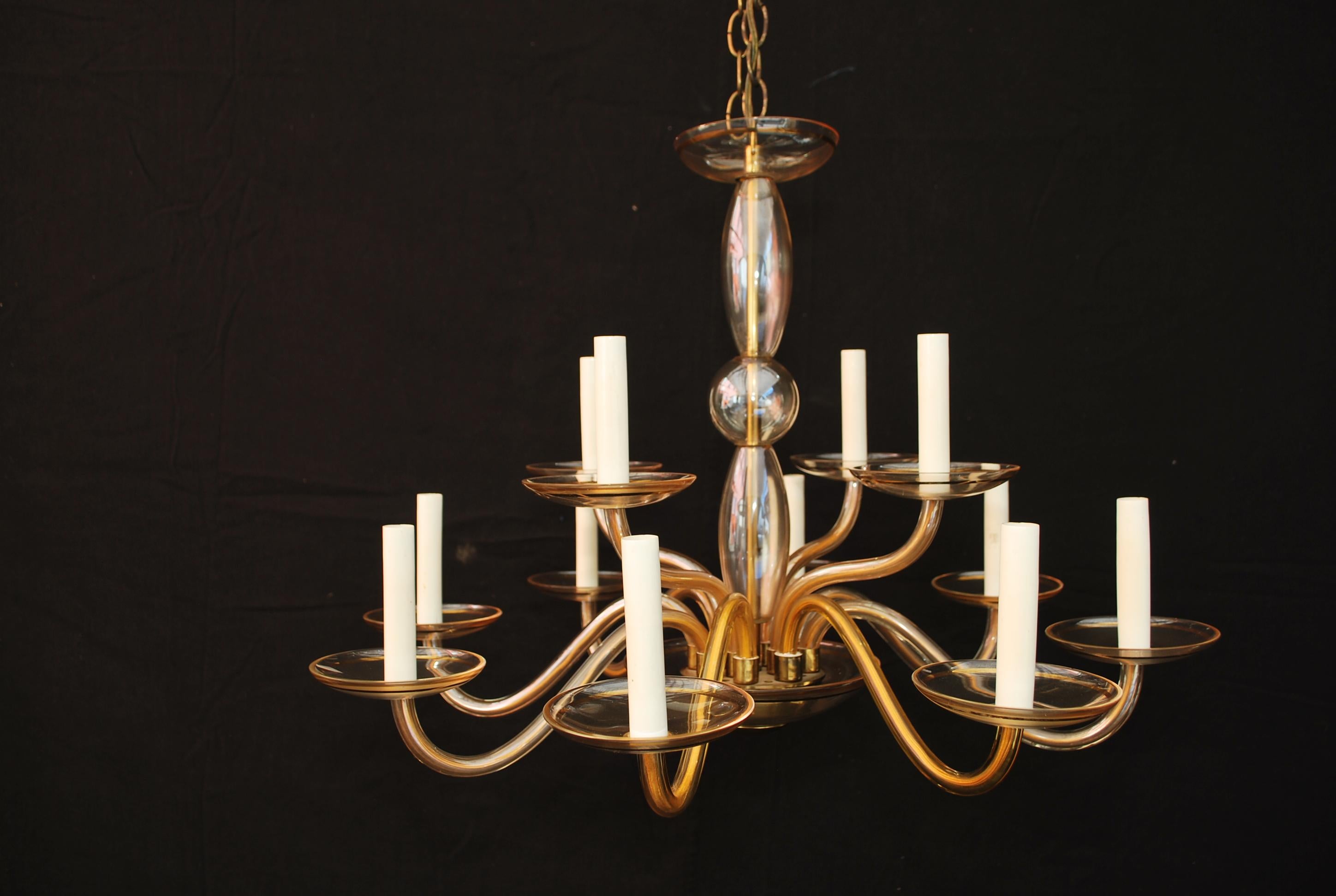 A beautiful and elegant 1950's Murano glass chandelier , the color of the glass is so much nicer in person