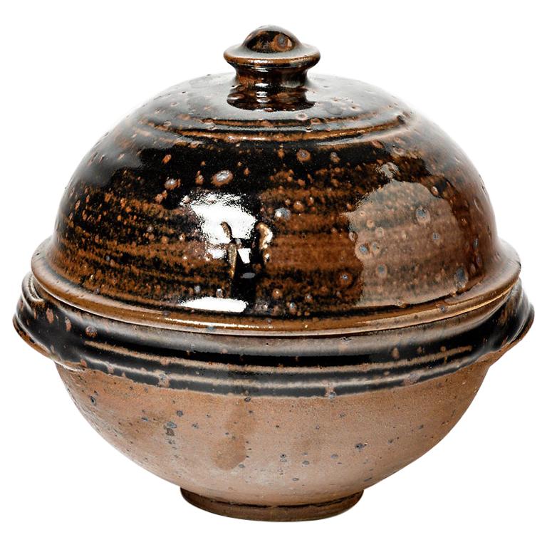 Elegant 1960 Black and Brown Stoneware Ceramic Tureen or Box by Pierre Digan