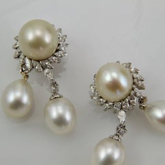 Elegant 1960 Platinum Pearl and Diamond Pendent Earrings