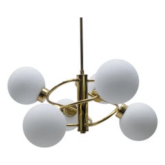 Elegant 1960s Brass Ceiling Lamp with 6 Opaline Glass Globes Elegant 1960s Brass Ceiling Lamp with 6 Opaline Glass Globes