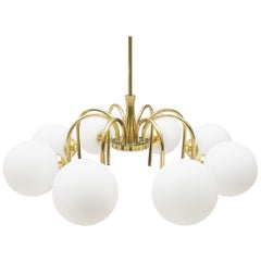 Elegant 1960s Brass Ceiling Lamp with 8 Opaline Glass Globes