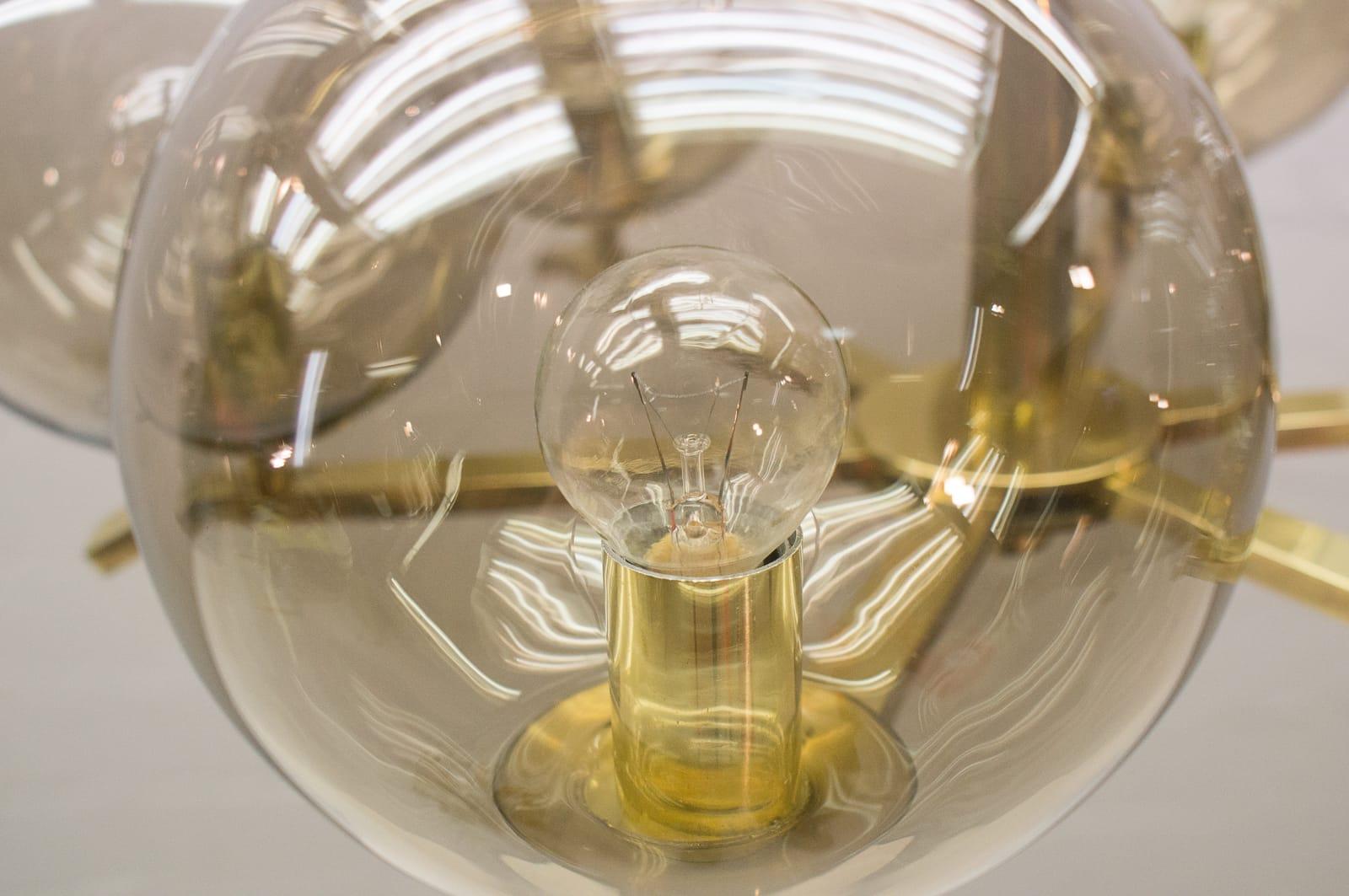 Elegant 1960s Brass Ceiling Lamp with 8 Smoked Glass Globes, Germany For Sale 6